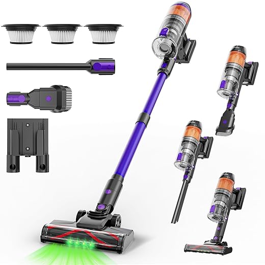 Cordless Vacuum Cleaner Pet Hair-500W 40Kpa Strong Suction, 60Min Runtime, Lightweight Cordless Stick Vacuum with LED Display, Anti-Tangle Brush & 3 HEPA Filters, Wall-Mountable for Home，Purple
