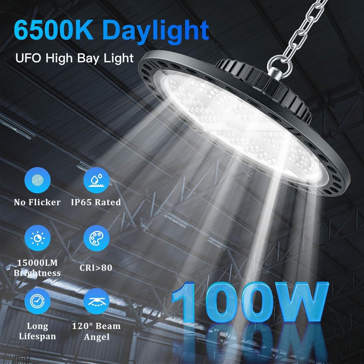 UFO Projecteur LED Industriel 100W 15000LM, 6500K Blanc Froid UFO Lampe Atelier High Bay Lumière, IP65 Étanche Projecteur LED Plafonniers pour Stade Garage Usine Atelier Gymnase