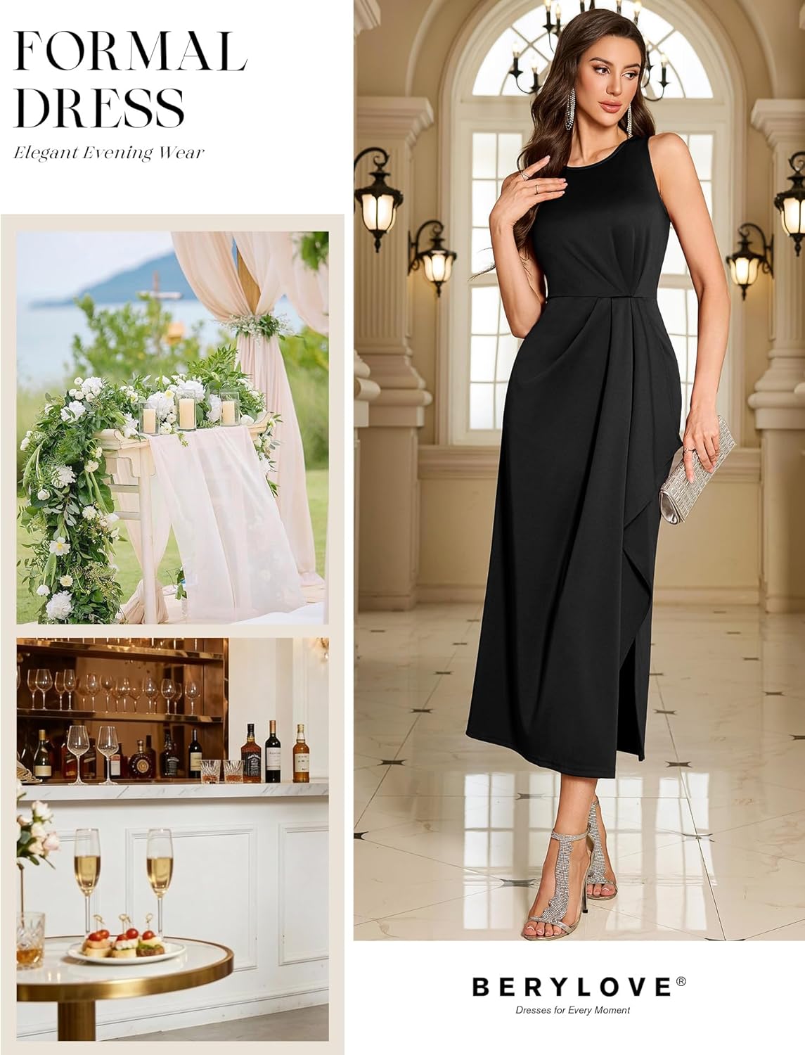 BeryLove Women's Formal Wedding Guest Slit Dress Classy Sleeveless Long Prom Gala Dresses