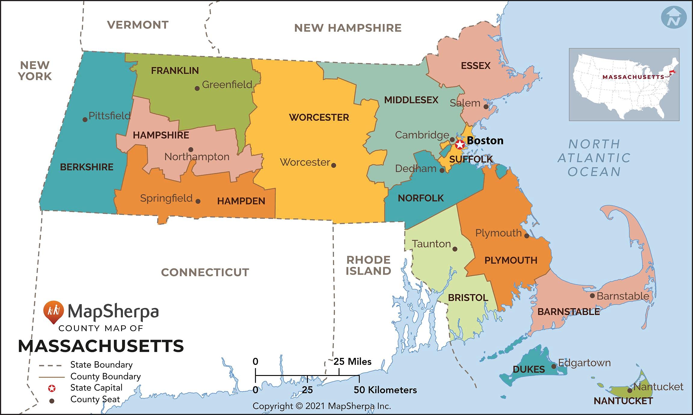 Massachusetts Counties Map - Large - 48" x 29" Laminated