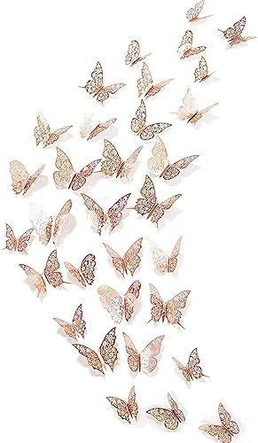 Miniatura 4 de Calcomanías de pared de mariposa de oro rosa 3D, removibles, brillantes, metálicas, calcomanías de pared de mariposas de corazón, mariposa para