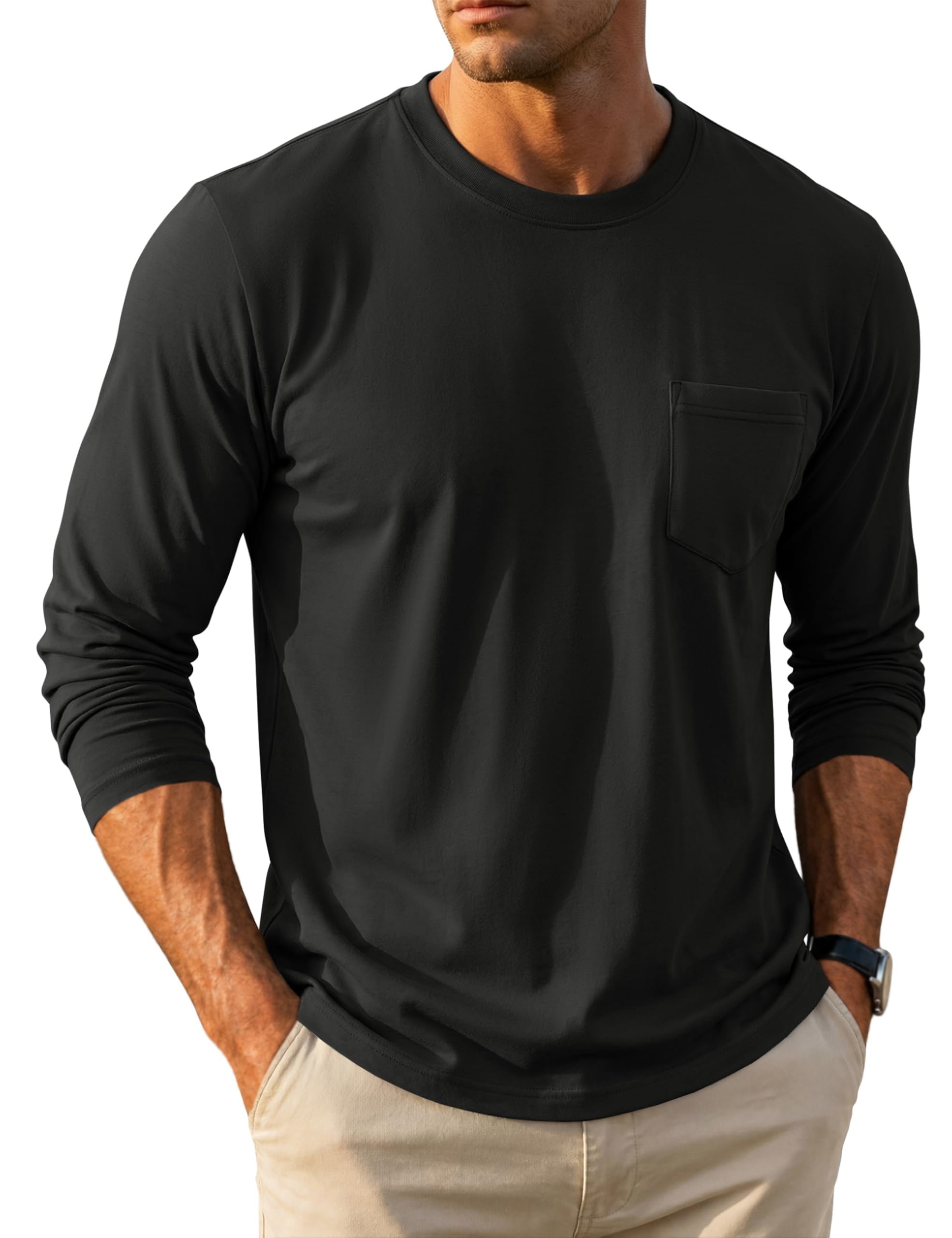 MAGCOMSEN Langarmshirt Herren Longsleeve Shirt Langarm Baumwolle Atmungsaktive Tshirt mit Tasche Freizeit Basic Rundhals