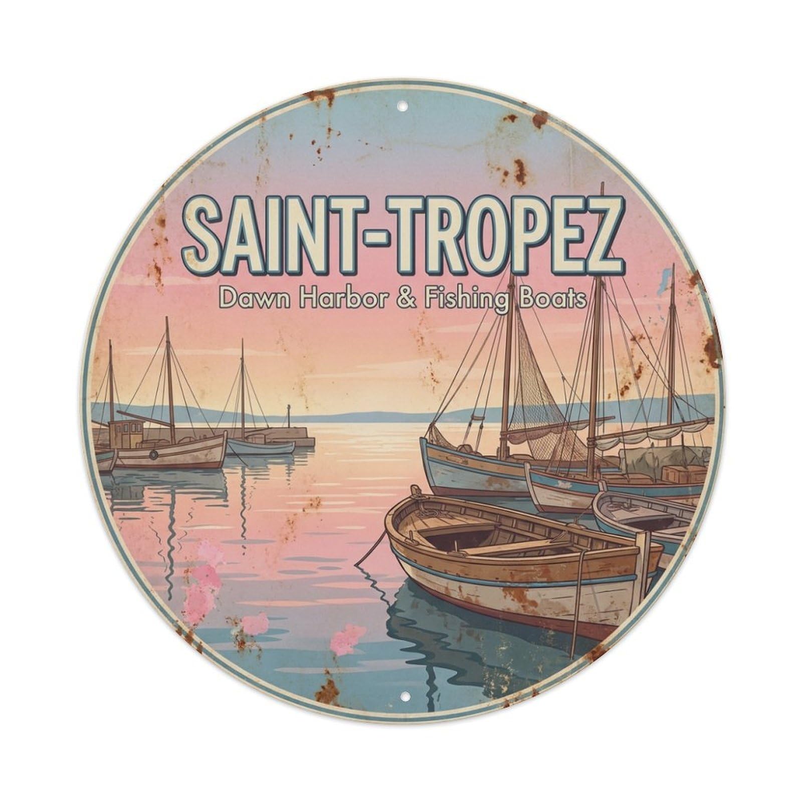 Sunset Harbor Fishing Boats Travel France Saint Tropez Metal Tin Sign