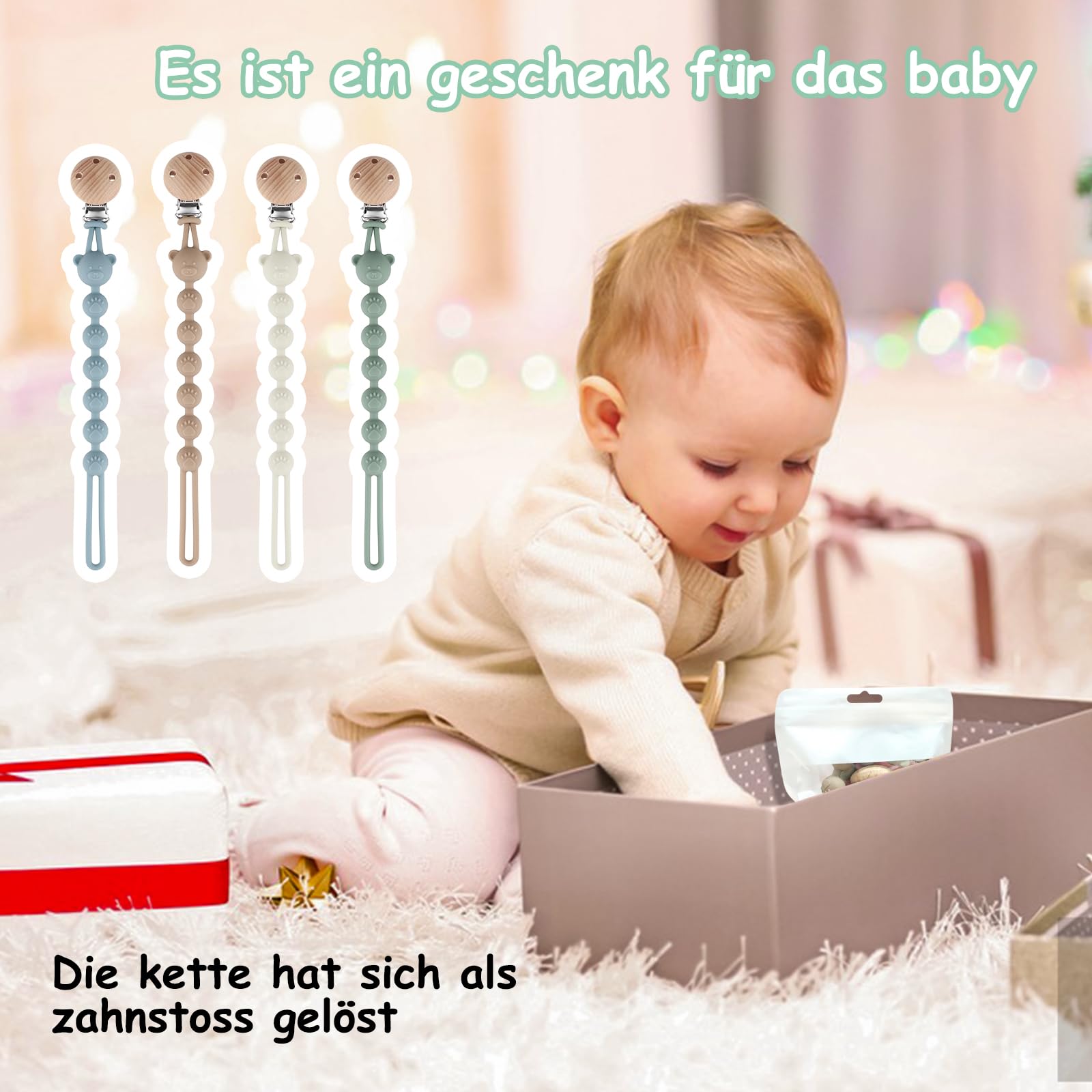 Juego de 4 cadenas de silicona para chupete para bebé, sin BPA, cinturones de seguridad para juguetes, cadena de lactancia para niñas, cadena de lactancia para niños y juguetes para bebés