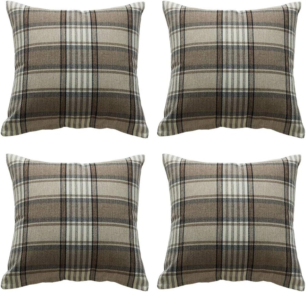ZBW Impex - Pack of 4 - Tartan Check Plaid Cushion Covers Striped Decorative Pillowcase For Home Sofa Bedroom Living Room 18 x 18 inch (Brown)