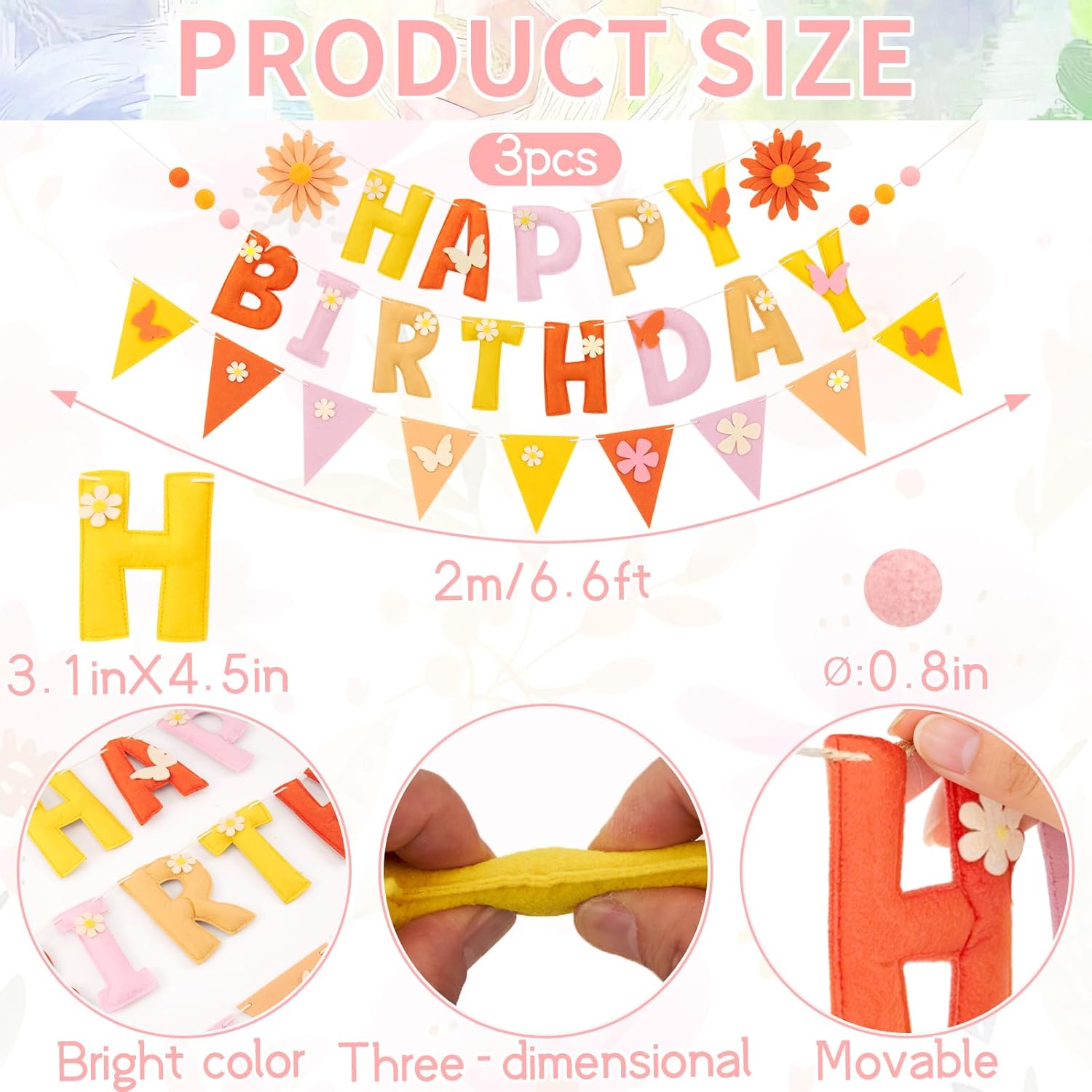Happy Birthday Decorations Banner, 3D Happy Birthday Banner Felt, Garland Happy Birthday Garland, Daisy Decor Party for Girls Women Mom Boho Birthday Baby Shower Spring Summer Garden - Image 2