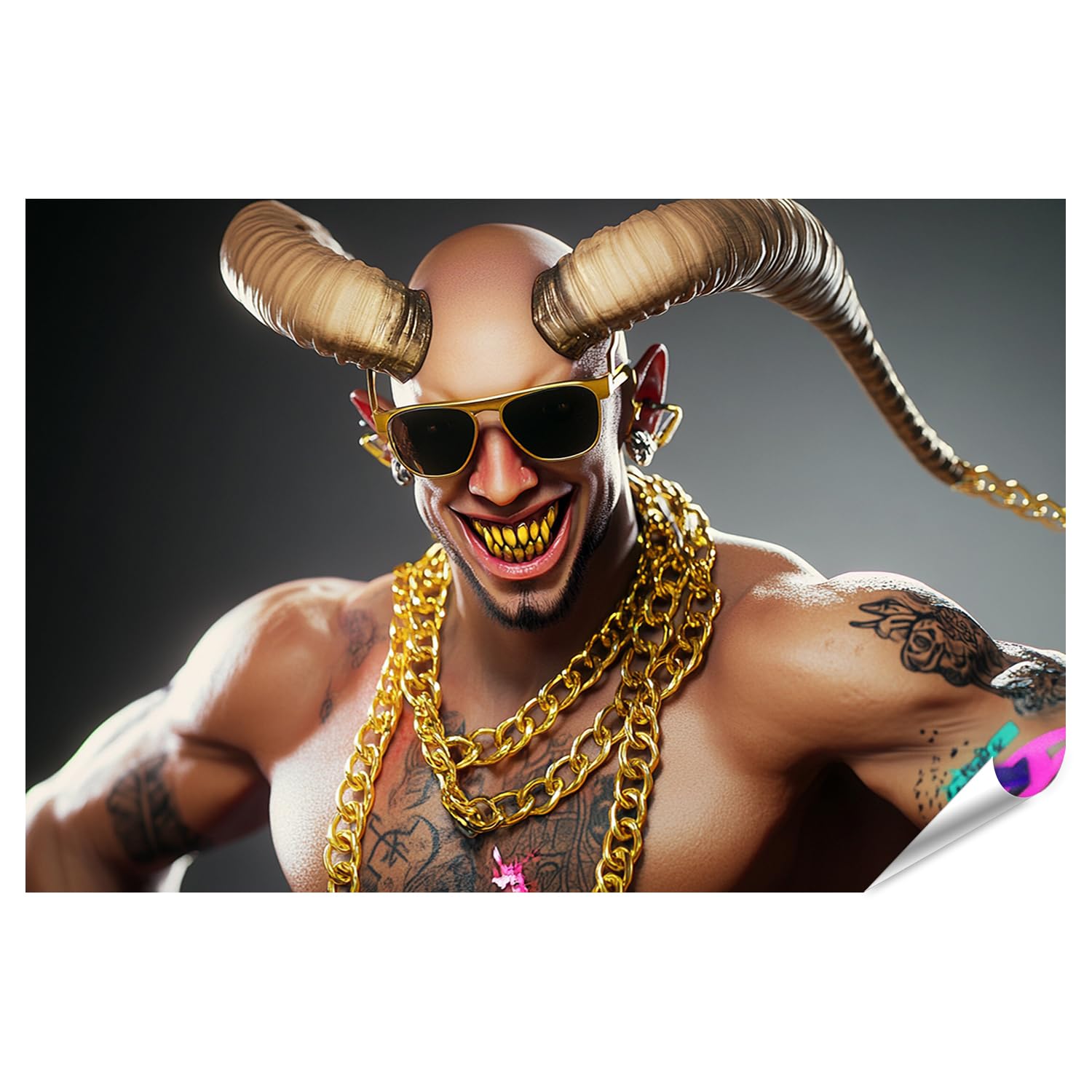 islandburner Prime XXL - Poster con immagine Hip-Hop, fan della camera dei ragazzi, sorridente muscoloso con corna, occhiali da sole, catena d'oro, immagini di alta qualità, stampa fotografica