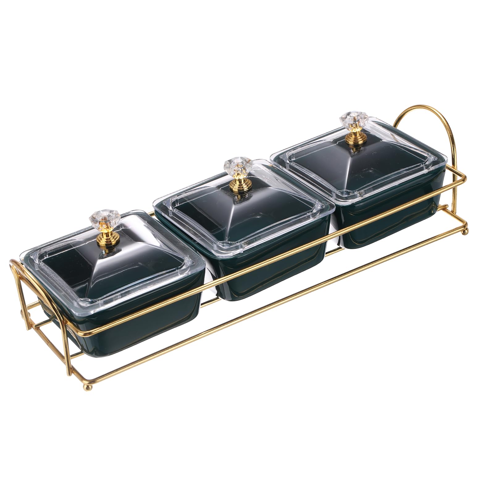 PATIKIL Set of 3 Ceramic Bowl Set with Lids and Metal Tray, Dark Green
