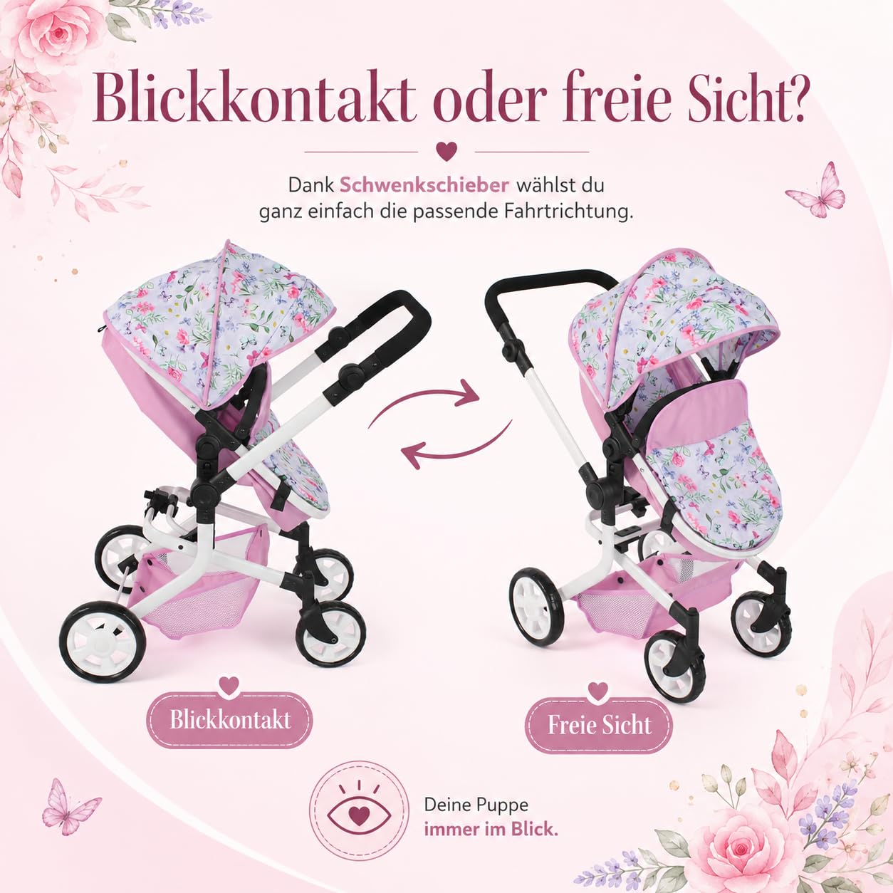Bayer Chic 2000 Poussette poupée Mika 2 en 1 Pliable et réglable | Poussette poupée 2 en 1 pliable avec poignée réglable (47-80 cm), pour poupées jusqu'à 52 cm.