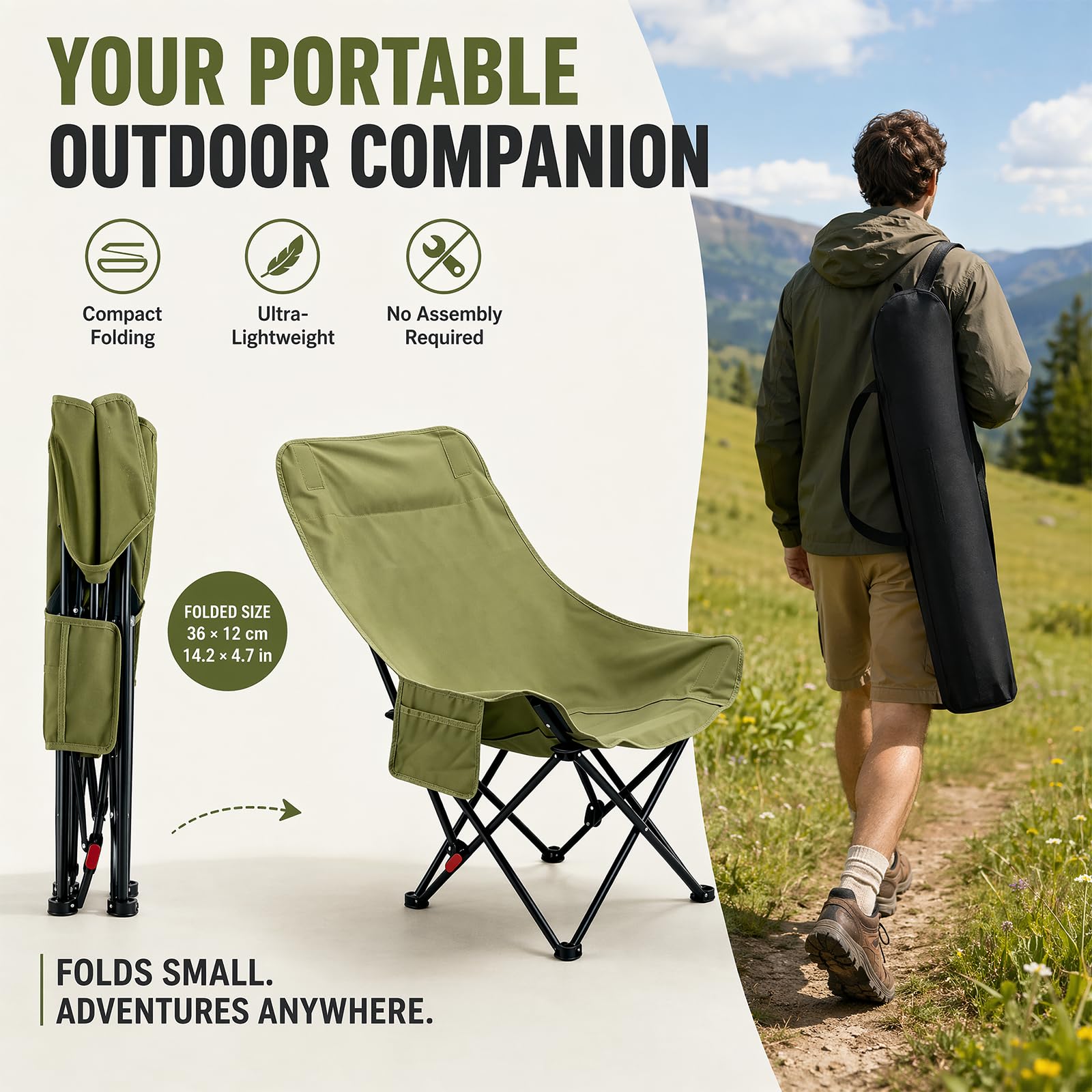 Sedia da campeggio pieghevole con schienale alto, leggera e confortevole, con 2 tasche laterali, ingombro ridotto, ultraleggera, portata di 130 kg, per esterni, spiaggia, escursionismo, verde