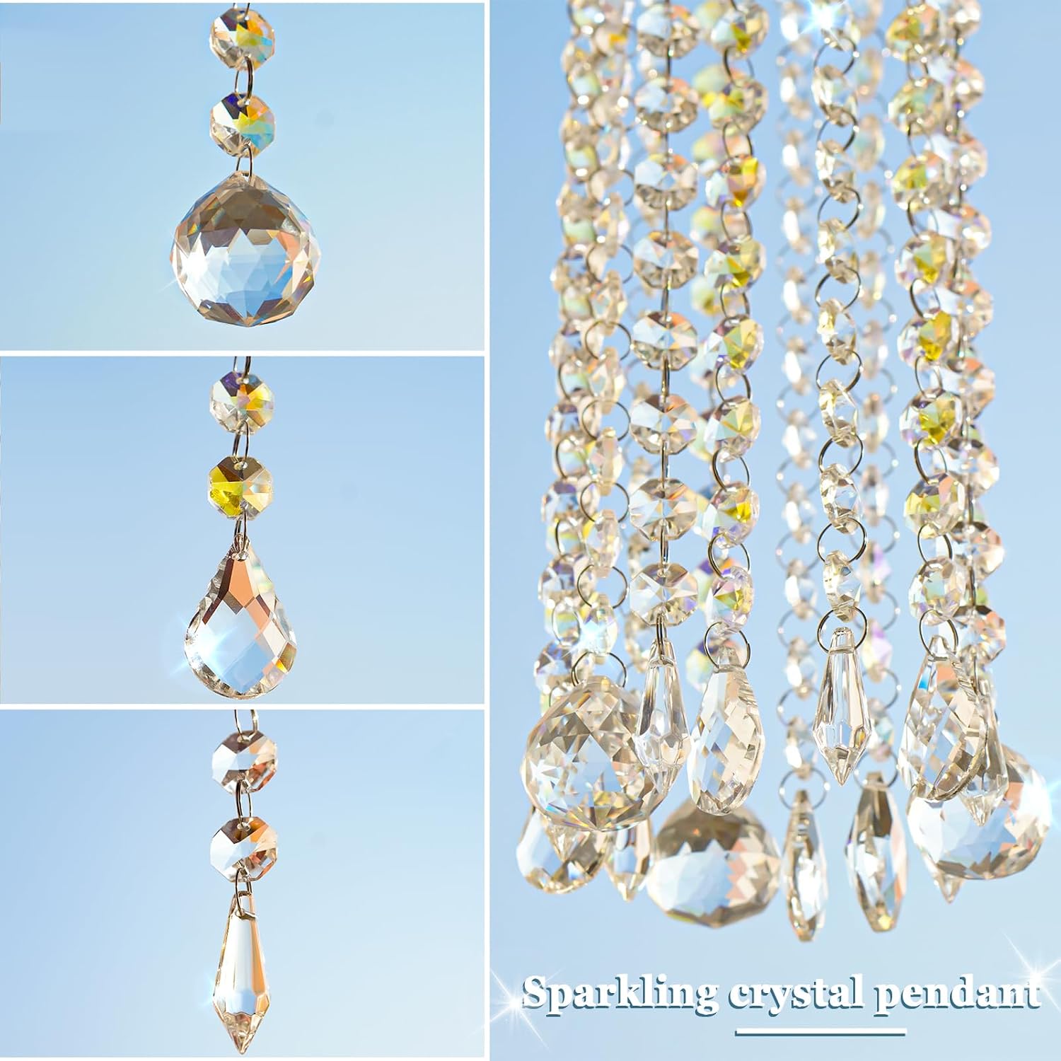 Crystal Suncatcher for Window Hanging, Wind Chime Style Long Pendant Sun Catcher with Color Crystals, Rainbow Maker for Home Garden Porch Wedding Party Ornament (1, 23.6" - Spherical Shape)