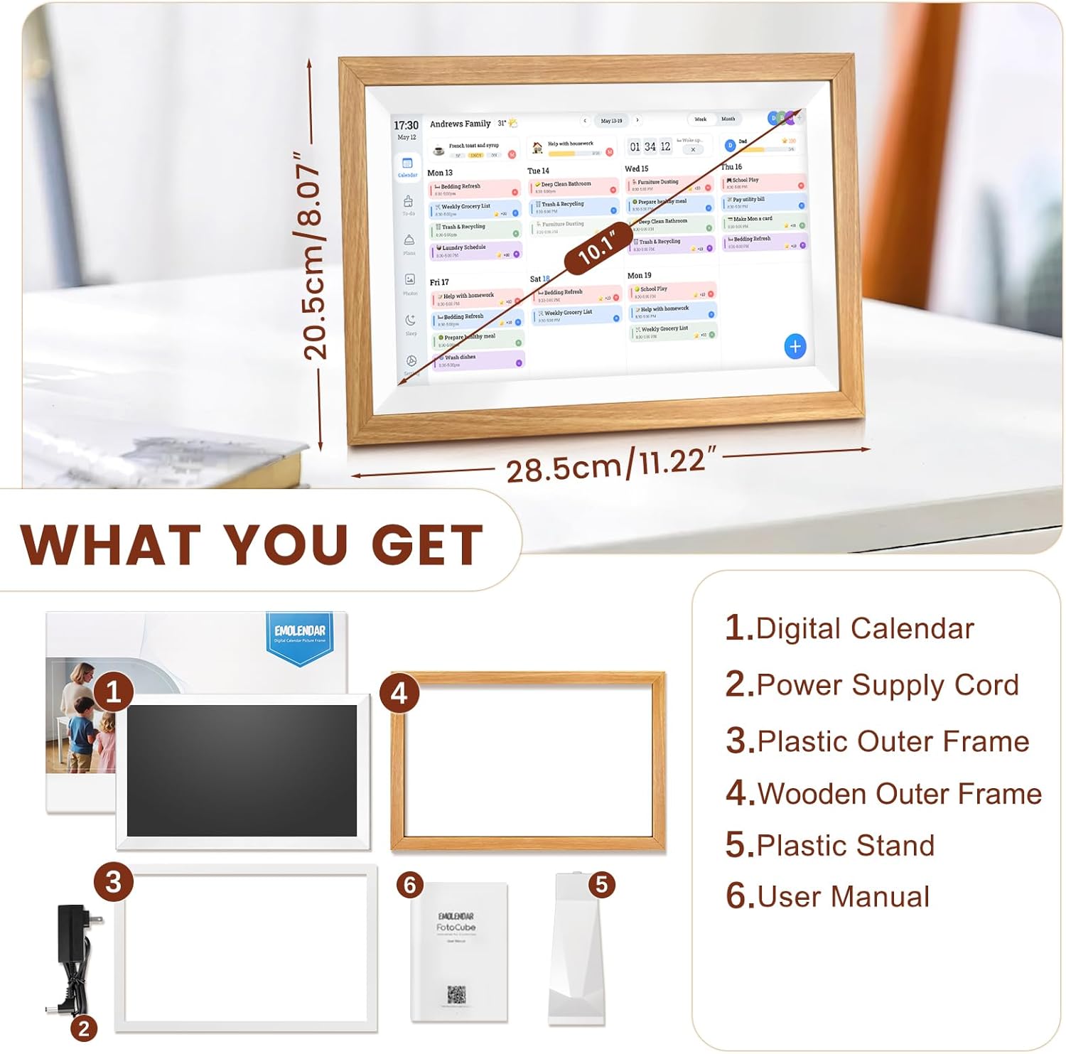 Digital Calendar,10.1 Inch Smart Wifi Electronic Calendar with Wooden Frame, Full HD Touchscreen Display Picture Frame Calendar for Family Schedules Planner Organizing-Wall & Desk Mountable