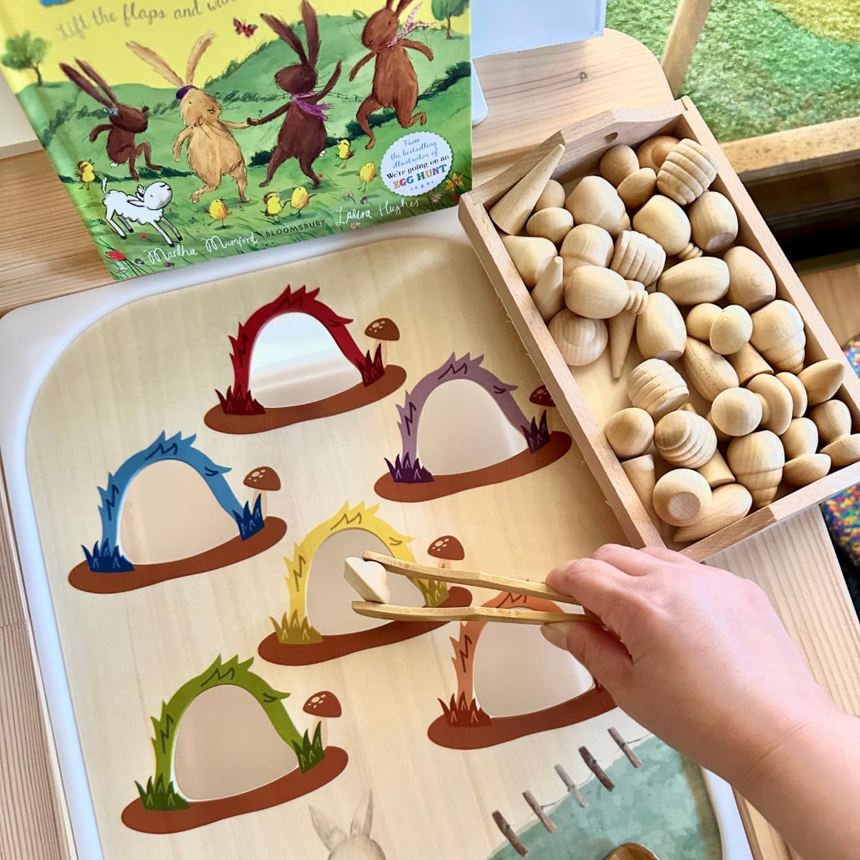 Flisat Sensory Table Inserts, Fits IKEA Flisat Table Trofast Tubs, 12 Wooden Sticks + 12 Coins + 2 Inserts (Large Bunny for Color Sorting and Small Porcupine for Peg Posting)