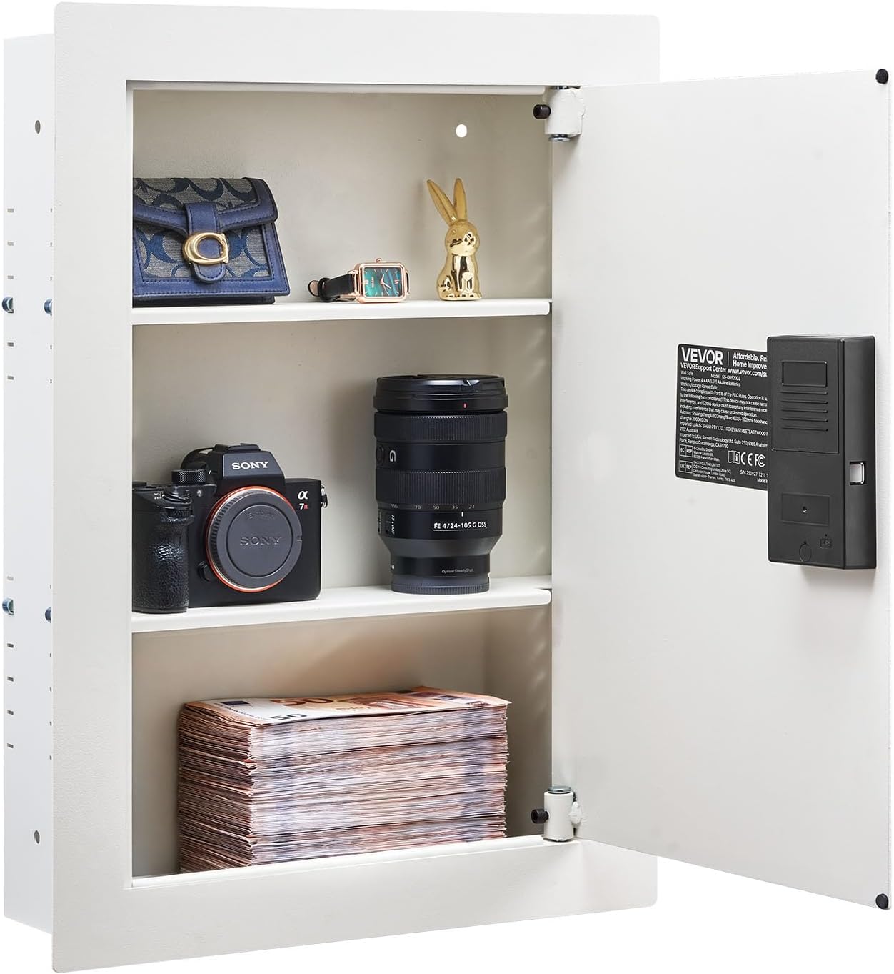 VEVOR 22" High Wall Safe, 3-Tier Hidden Wall Safe with Password, Key & Turning Knob, Q235 Cold-Rolled Steel In-Wall Box with Adjustable Shelves & Moun