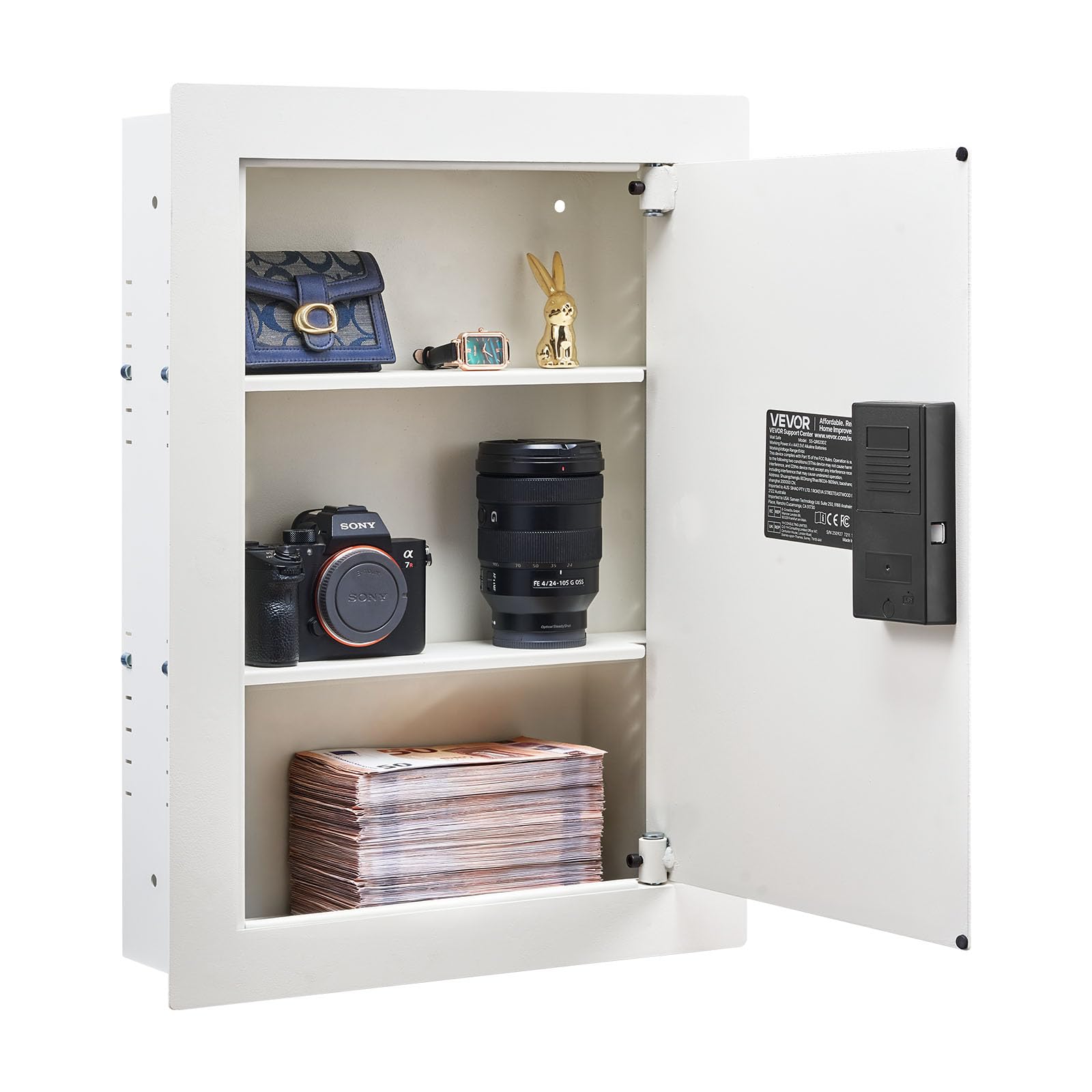 VEVOR Cassaforte a Muro da 102 x 413 x 559 mm con Password e Chiave, Alloggiamento Integrato in Acciaio Laminato a Freddo Q235 con Ripiani Regolabili e Illuminazione a LED, per Denaro, Gioielli