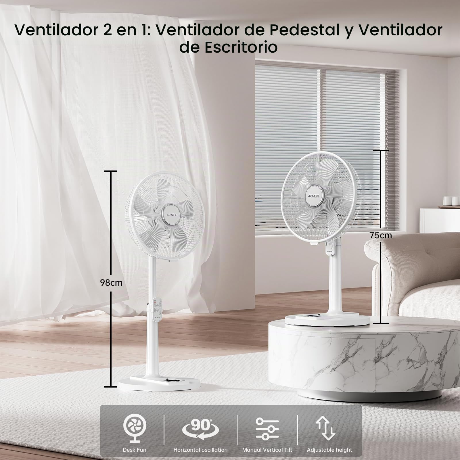 4UMOR Ventilador de Pie Silencioso 20dB con Control Remoto, Ventilador Motor DC para Mesa, 9 Velocidades, 4 Modos, 24W con Temporizador