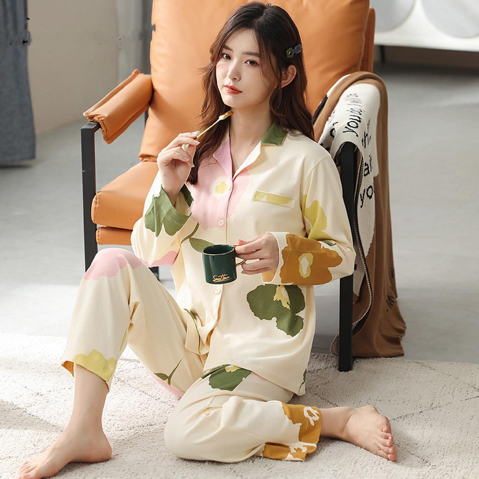 MOGSA Pijama elegante para mujer, cuello abatible, pijama floral para mujer, otoño e invierno, ropa de dormir de algodón de punto para mujer, como se muestra, Aisan XL, 60-70 kg