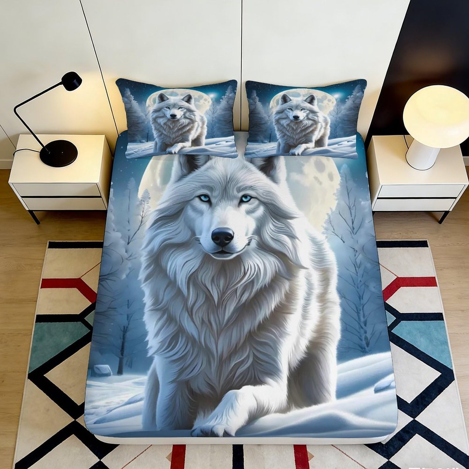 3D Printed White Wolf Fitted Sheet Microfiber Soft Breathable Moonlight Forest Mattress Cover for Bedroom Dorm Decor 180x200x25cm