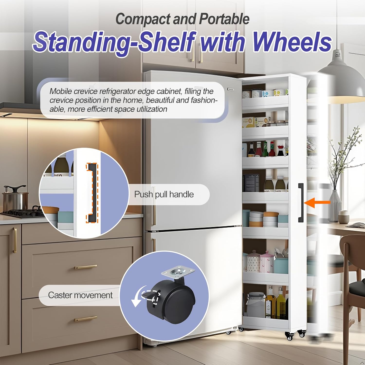 7-Tier Slim Storage Cart, Wooden Rolling Pantry Cabinet with Wheels, Narrow Shelf Organizer for Kitchen, Bakers Rack, Dining Room, Closet, Small Spaces Warm White 47.2" H*5.9" W*23.6" D