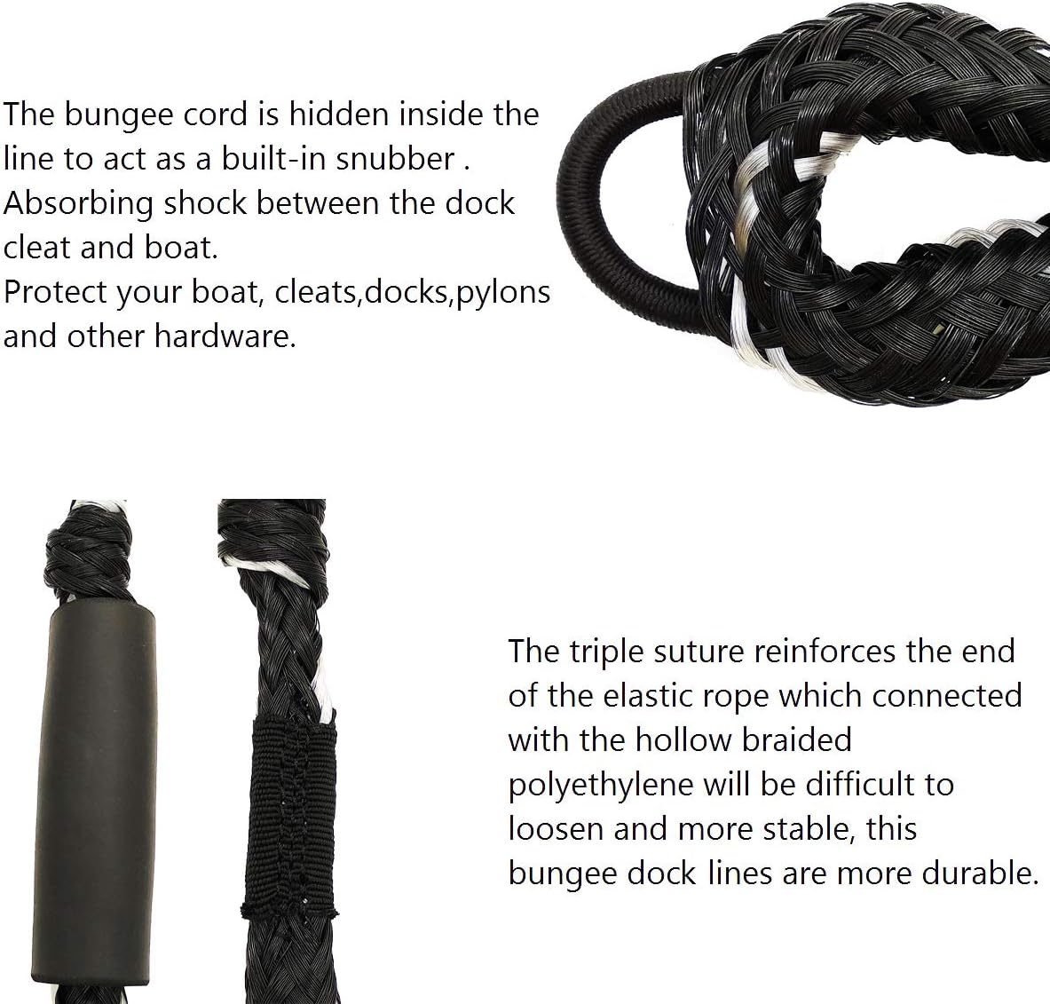2 Pcs Bungee Dock Lines Boat Mooring Rope Stretch Ties for Pontoon,PWC,Jet Kit Heavy Duty