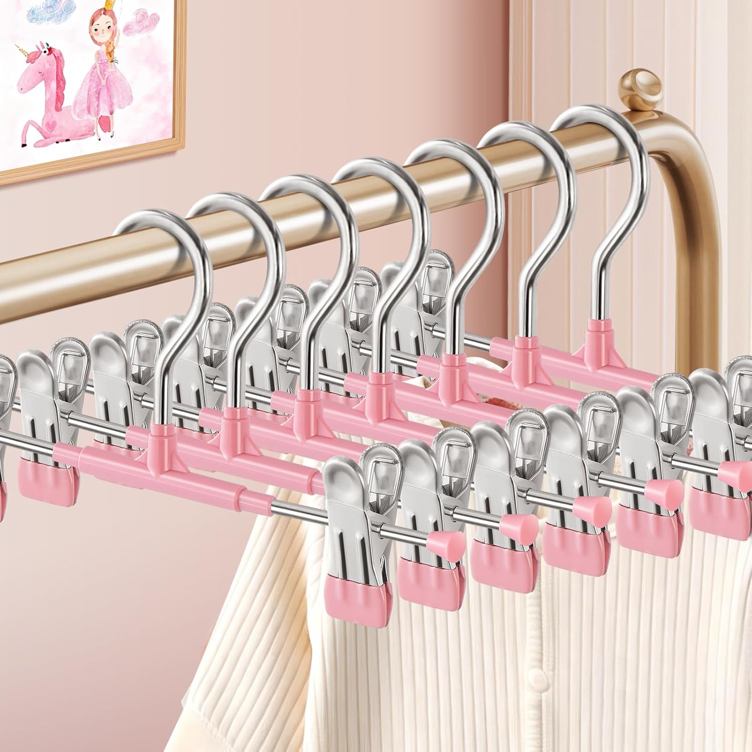 HUADYMEET 30 Pack Baby Pants Skirt Hangers,Non-Slip Space Saving Clothes Hangers with Clips for Kids,Children,Toddler,Jeans Trousers Shorts Metal Hanger for Closet Organization,Women,Men,10inch(Pink)