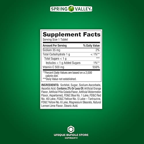 Miniatura 4 de Spring Valley, Vitamina C de 500 mg, sabor a fruta tropical, 200 comprimidos, vitamina C masticable, suplemento dietético + organizador de píldoras