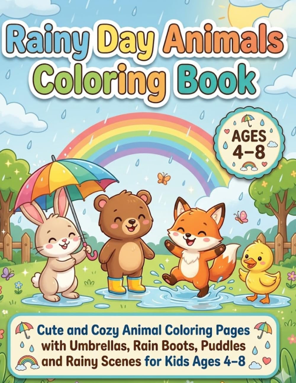 Cozy Rainy Day Animals Coloring Book: Cute Animals with Umbrellas, Boots and Cozy Scenes for Kids Ages 4-8