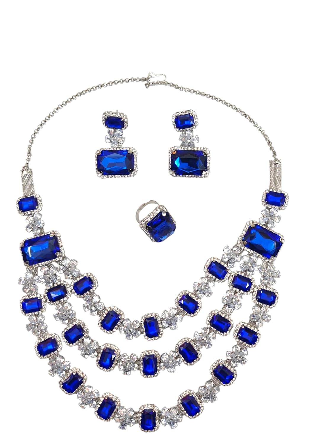 Three Layered Crystal Glass Stone Necklace Set with Maching Earrings and Finger Ring For Women and Girls | Semi Bridal Crystal Necklace Set