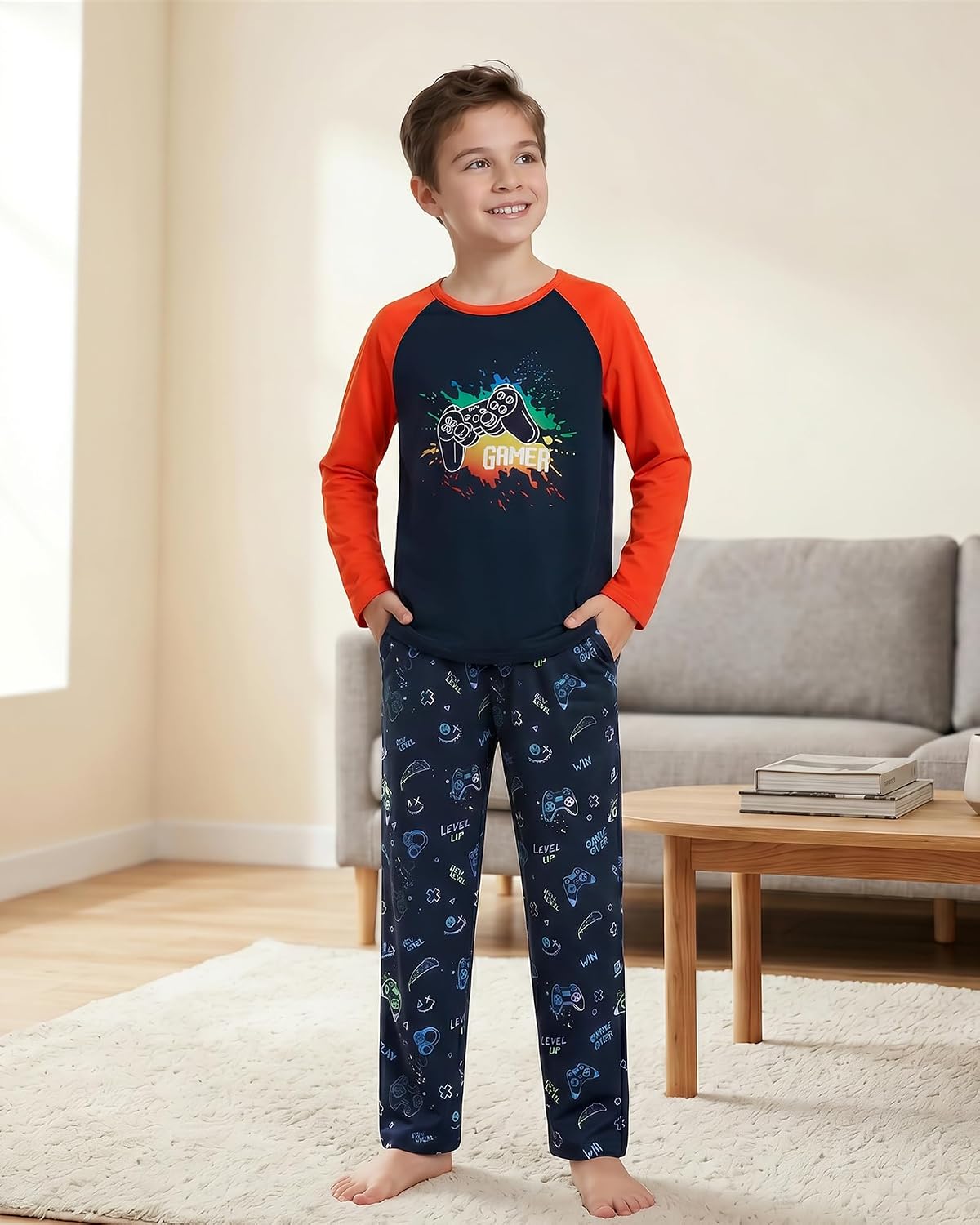CARETOO Boys Pajamas Long Sleeve Pajama Sets with Pockets 2 Piece PJs Kids Funny Prints Sleepwear 4-13 Years