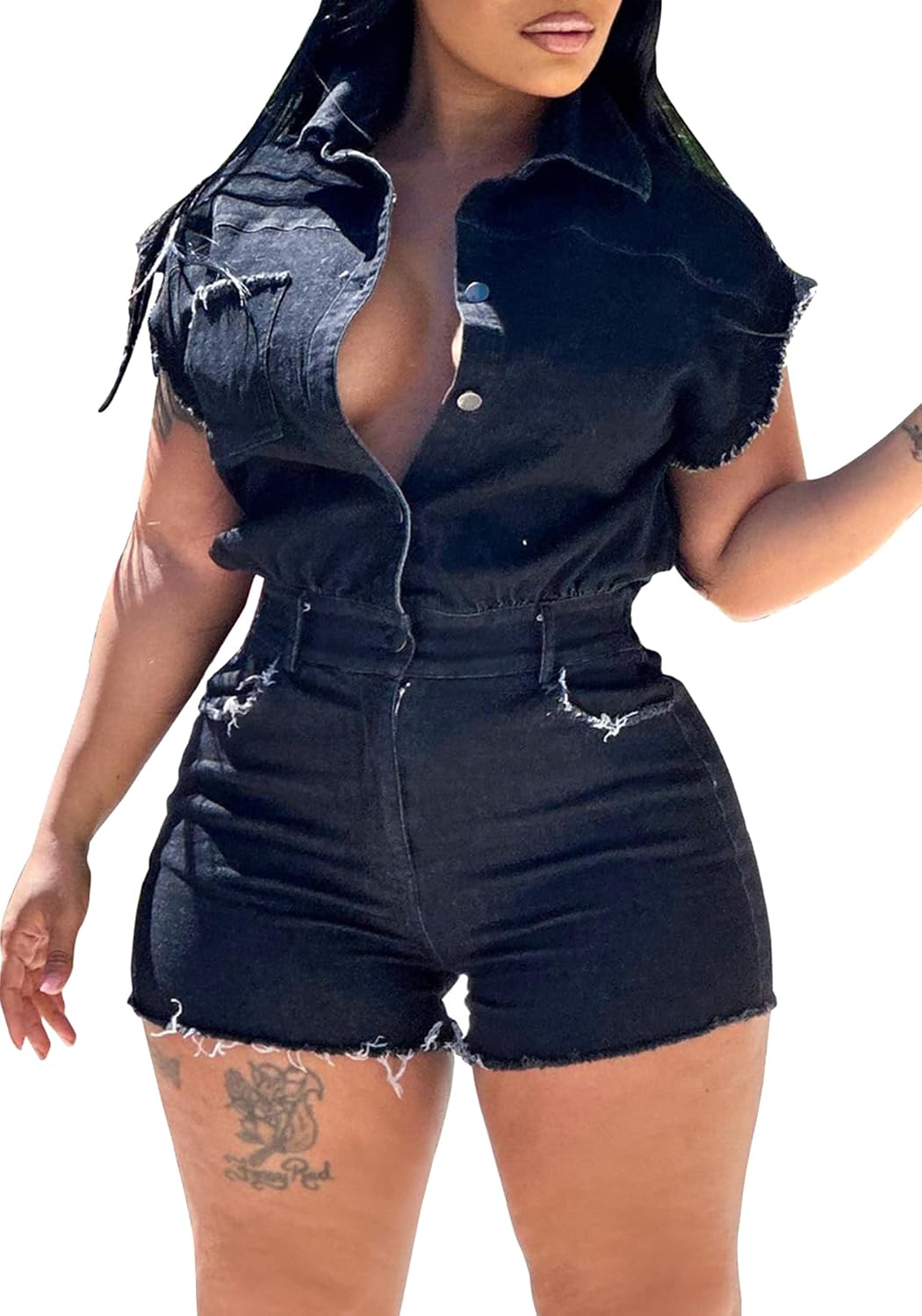 Tcremisa Women's Vintage Distressed Short Denim Jumpsuit Stretch Short Sleeve Button Down Cargo Jean Rompers