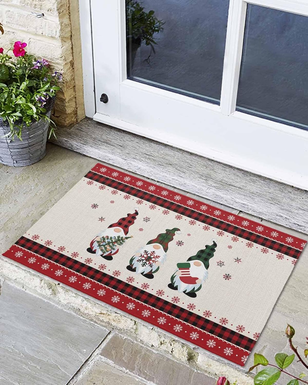 Indoor Door Mat Washable Mat 24x36 Inch - Outdoor Non-Slip Mat Absorbent Resist Dirt Doormats Merry Christmas Xmas Gnomes and Snowflakes Black Red Buffalo Plaid Floor Mat for Entryway Patio Bathroom