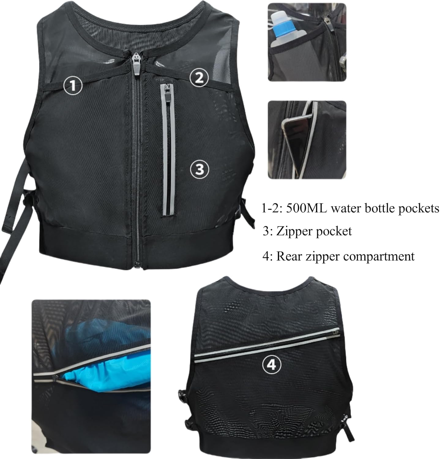 Mesh Hydration Vest Pack for Running Hiking Cycling, Adjustable Chest Bag with Water Bottle Pockets