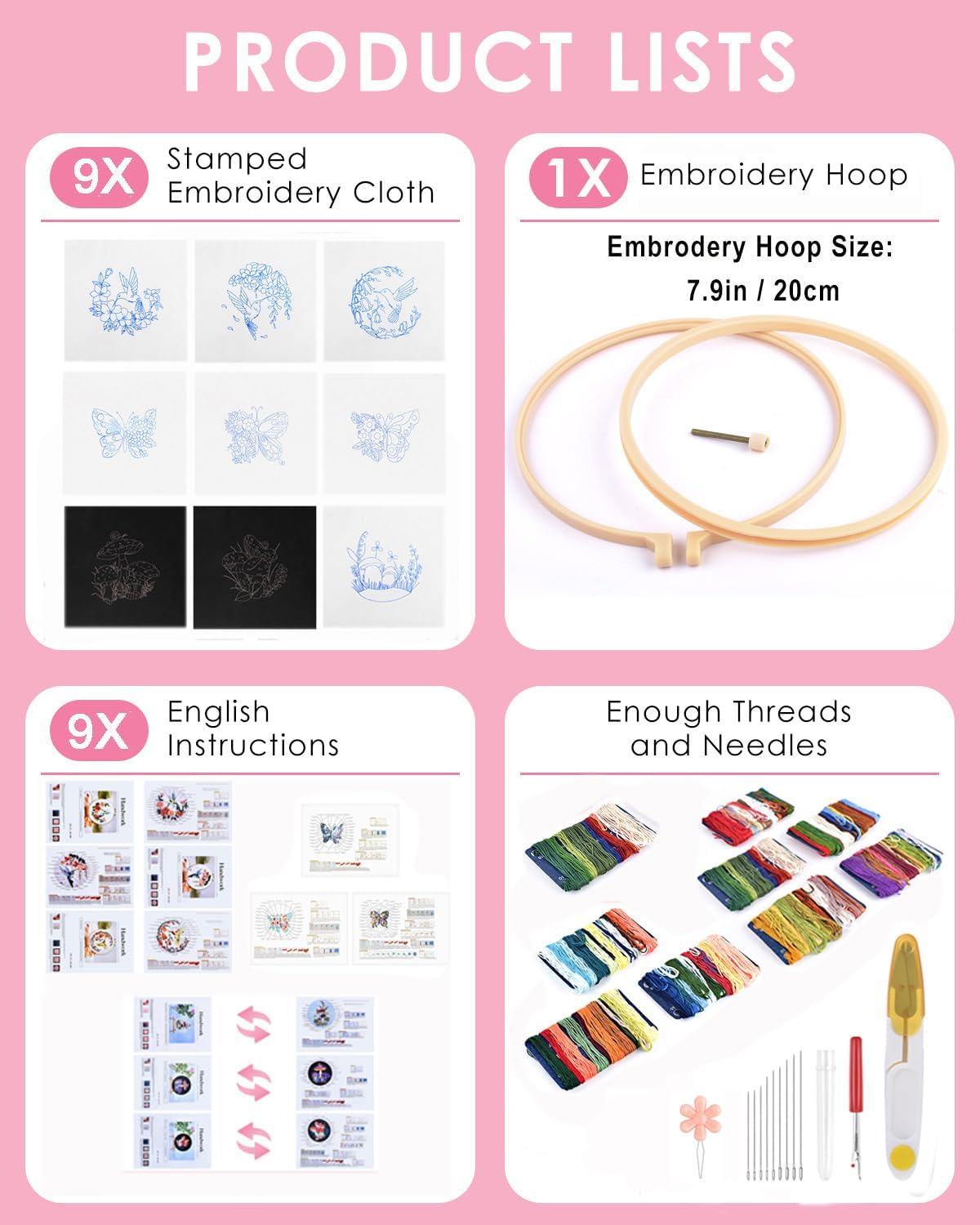 TINDTOP Embroidery Kit for Adult for Beginners, 9 Sets Hummingbird Butterfly Mushroom Flower Embroidery Kit for Beginners Include Embroidery Cloth Hoop Threads with Embroidery Skill Techniques