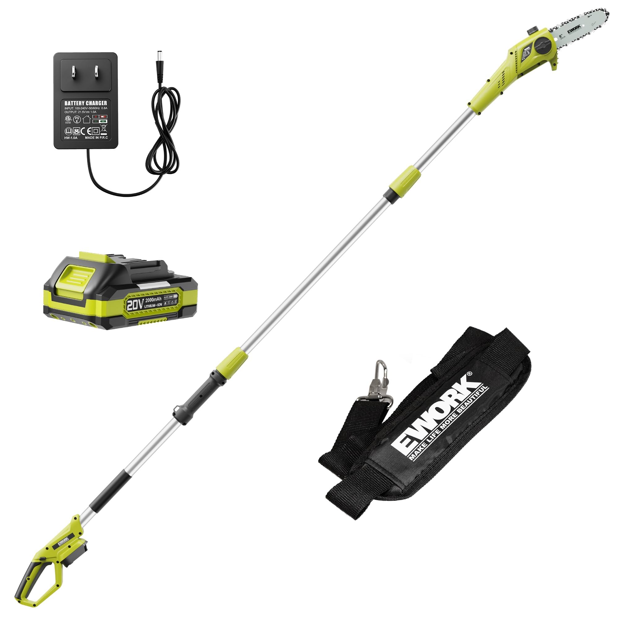 EWORK 20V 8-Inch Cordless Pole Saws for Ton Up to 14.2-Ft, Lightweight Only 6.5 Lbs, Auto Oiling Electric Pole Saw Battery Powered with Battery and Charger