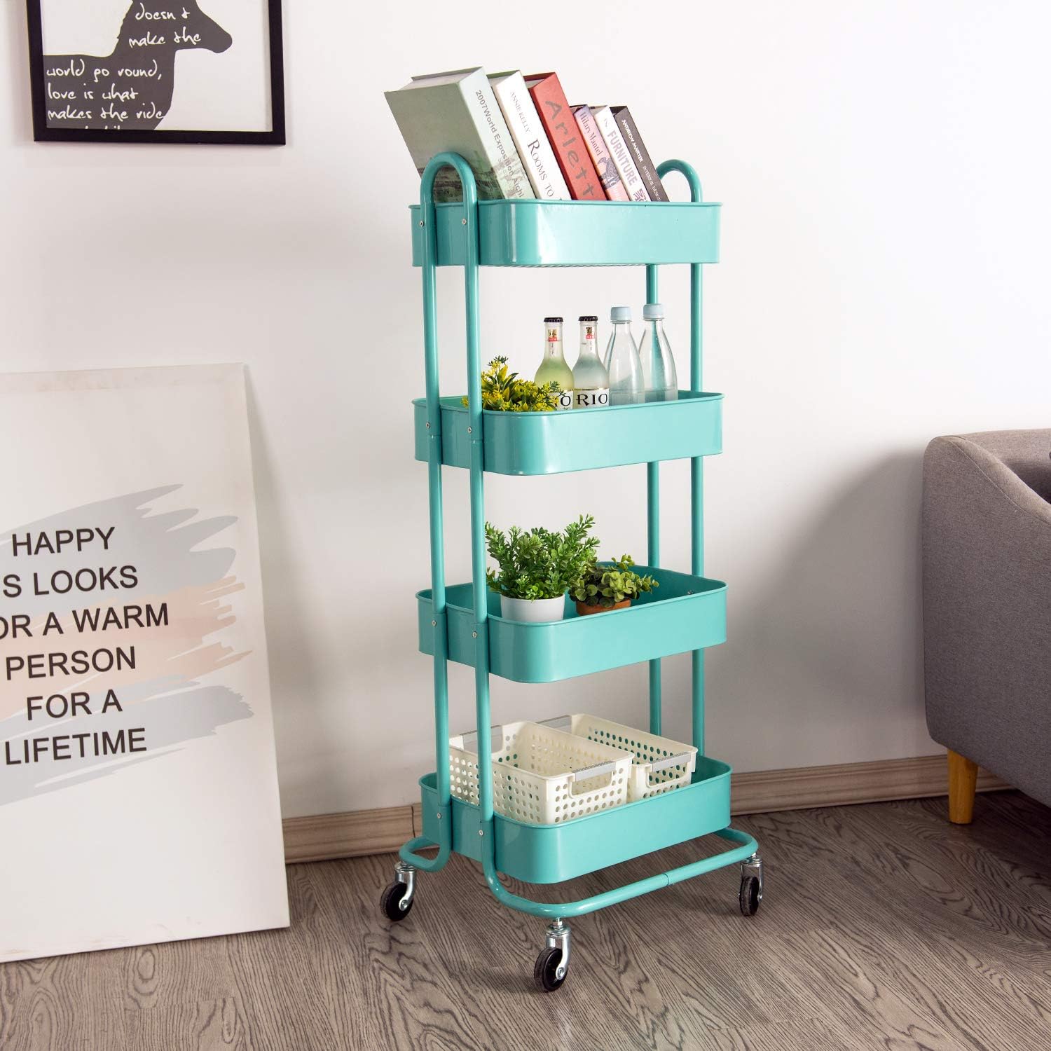 4-Tier Metal Rolling Storage Cart Organizer Cart Storage Shelves for Office, Studio,Kitchen, Bathroom (Blue)