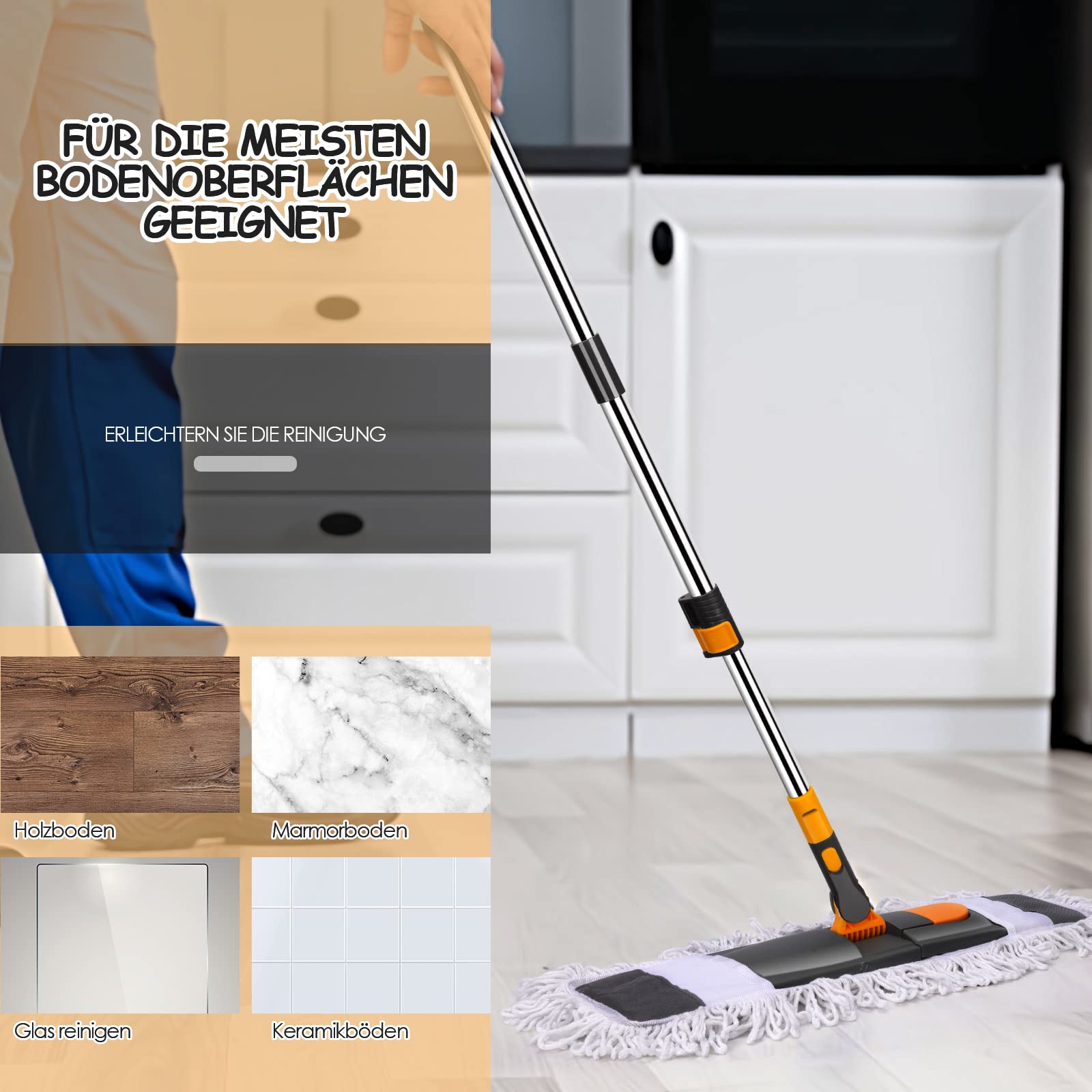 Myiosus Fregona Plana, Grande Mopa y Mango Telescópico de Acero Inoxidable de 126 cm, 2 Almohadillas de Microfibra para Madera Dura, baldosas, Limpieza de Pisos laminados Seco y en Húmedo