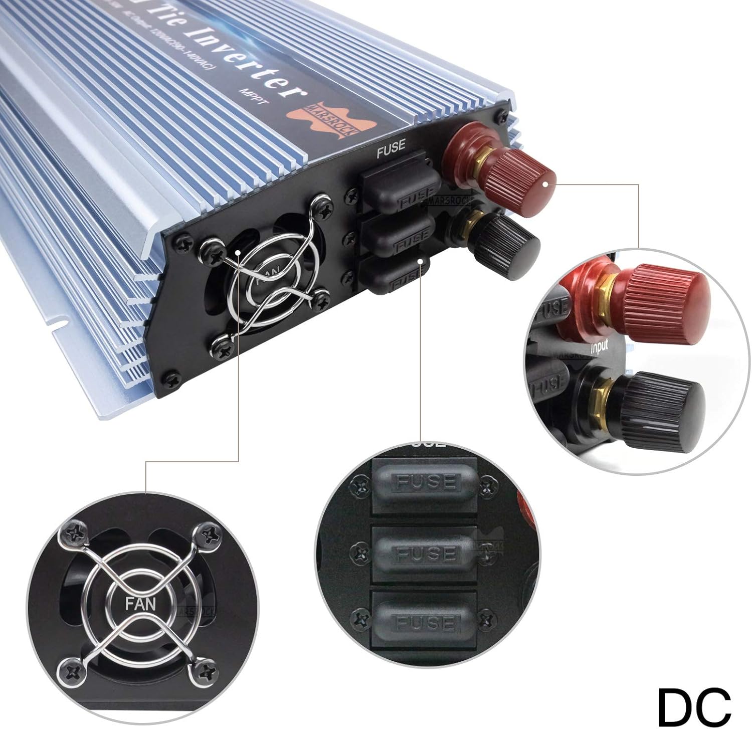 Rear panel of the Marsrock 1300W Grid-Tie Micro Inverter showing the DC input terminals (positive and negative), fuse holders, and cooling fan.