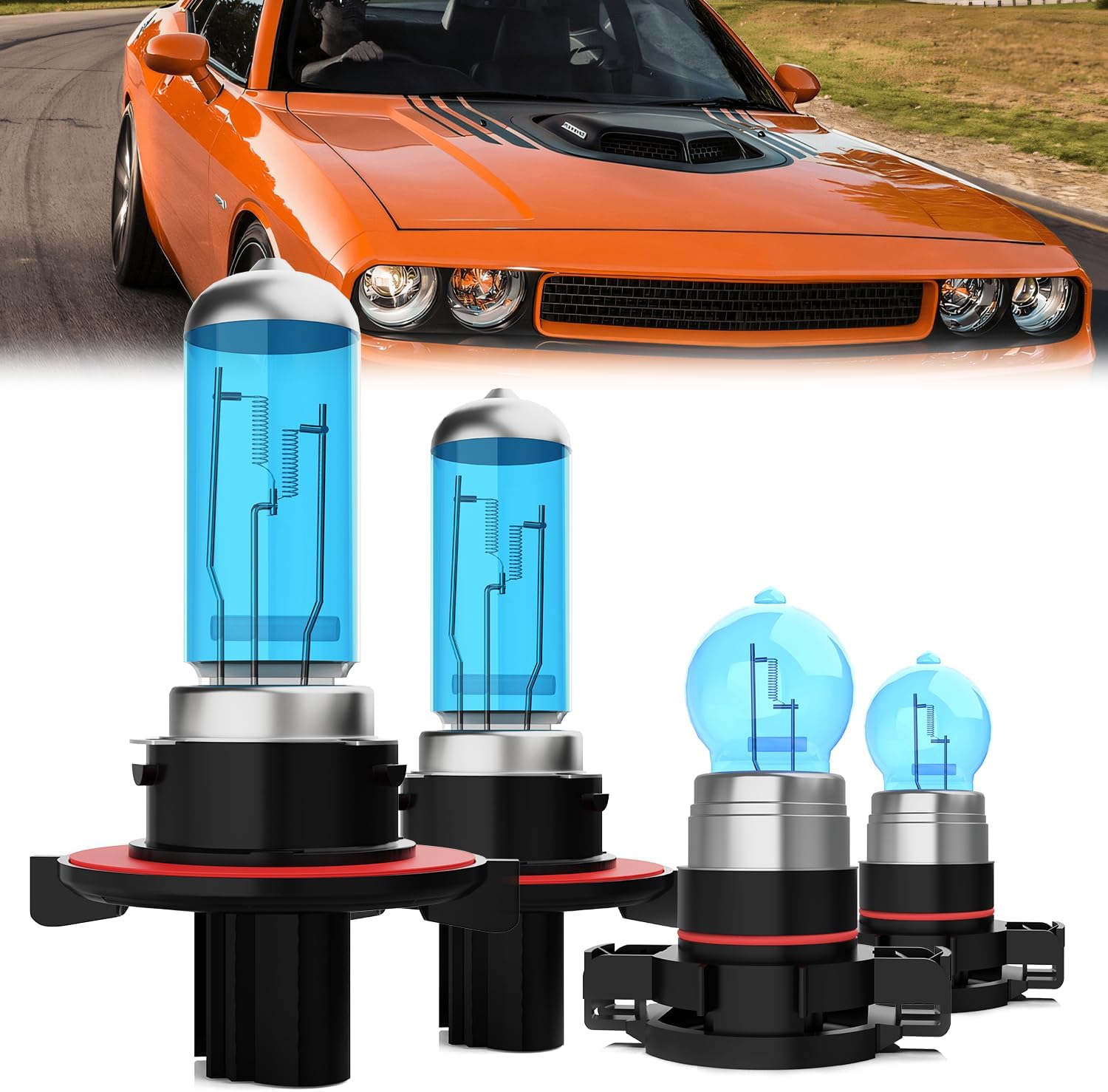 Headlight Bulbs Compatible With Dodge Challenger 2011-2014, 9008/H13 High Low Beam + H16/5202 Fog Lights Halogen Light Bulb Combo, Super Bright 6000K White, Plug and Play, Pack of 4