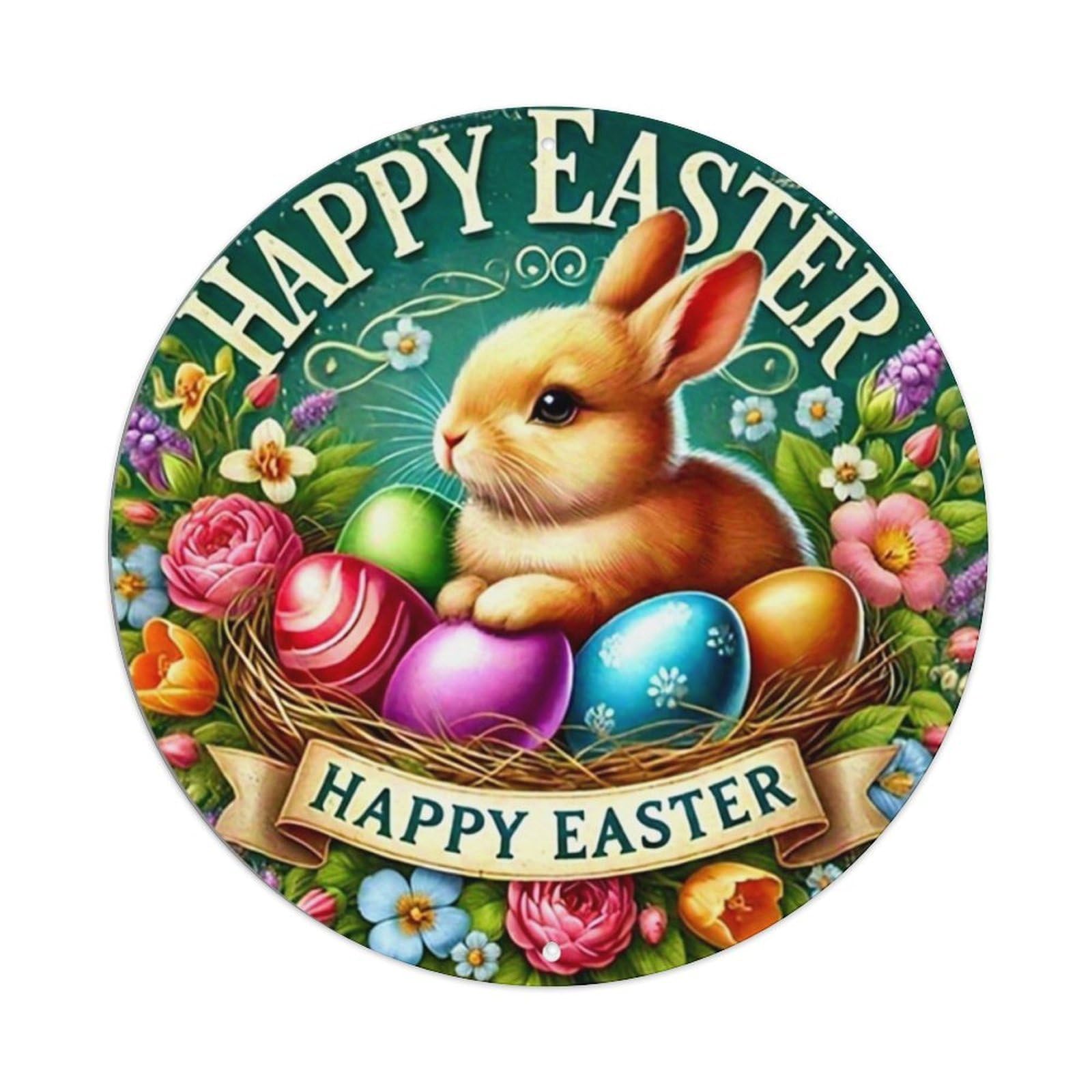 Happy Easter Bunny Egg Nest Tin Sign Metal Poster Vintage Metal Signs for Home Man Cave Bar Cafe Kitchen laundry room Wall Decorations 8x8 inches