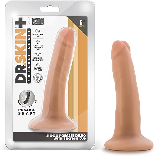 Blush Novelties Dr. Skin Plus - Consolador realista de 5 pulgadas Base de ventosa para juego manos libres y compatible con arnés Triple densidad y