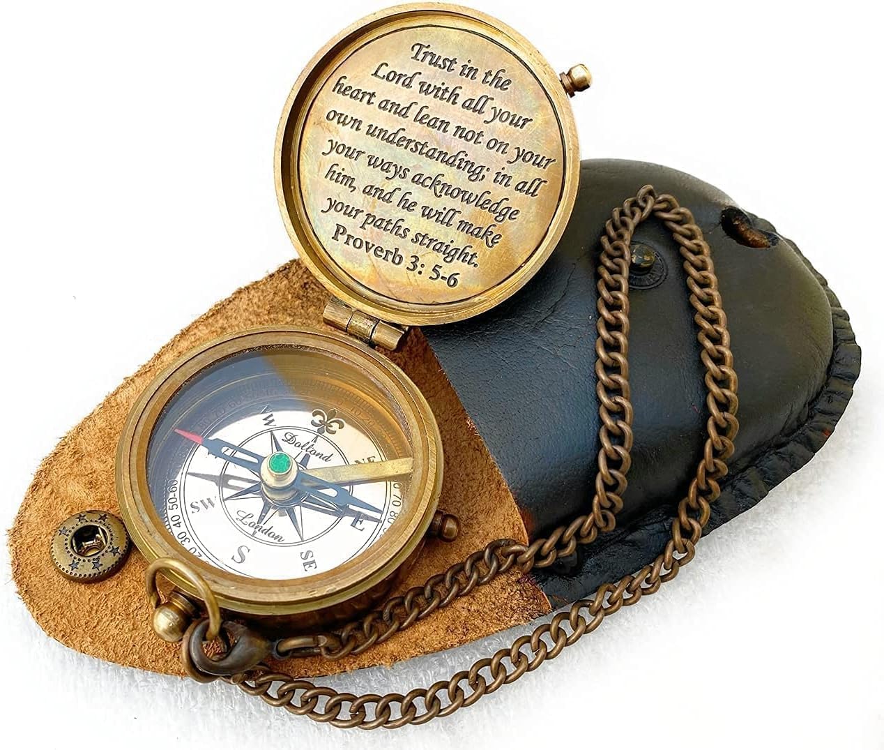 Antique Brass Pocket Compass with Leather Pouch – Engraved Christian Gift for Men & Women | Graduation, Baptism & Confirmation Keepsake