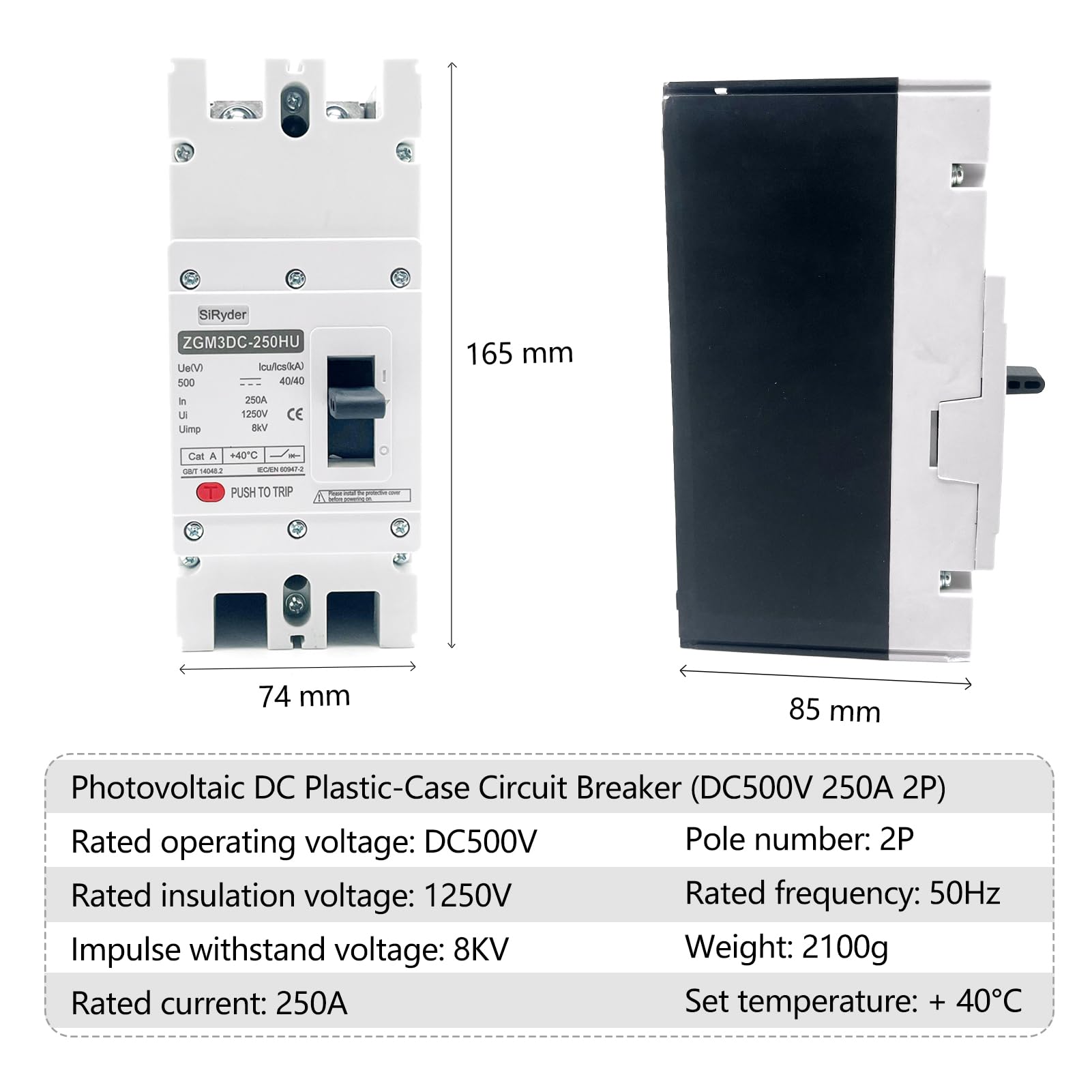 Disyuntor MCCB,2P Disyuntor de Caja Moldeada Interruptor Fotovoltaico 2P 500V 250A MCCB - Disyuntor de Circuito de CC Adecuado Para Sistemas Fotovoltaicos