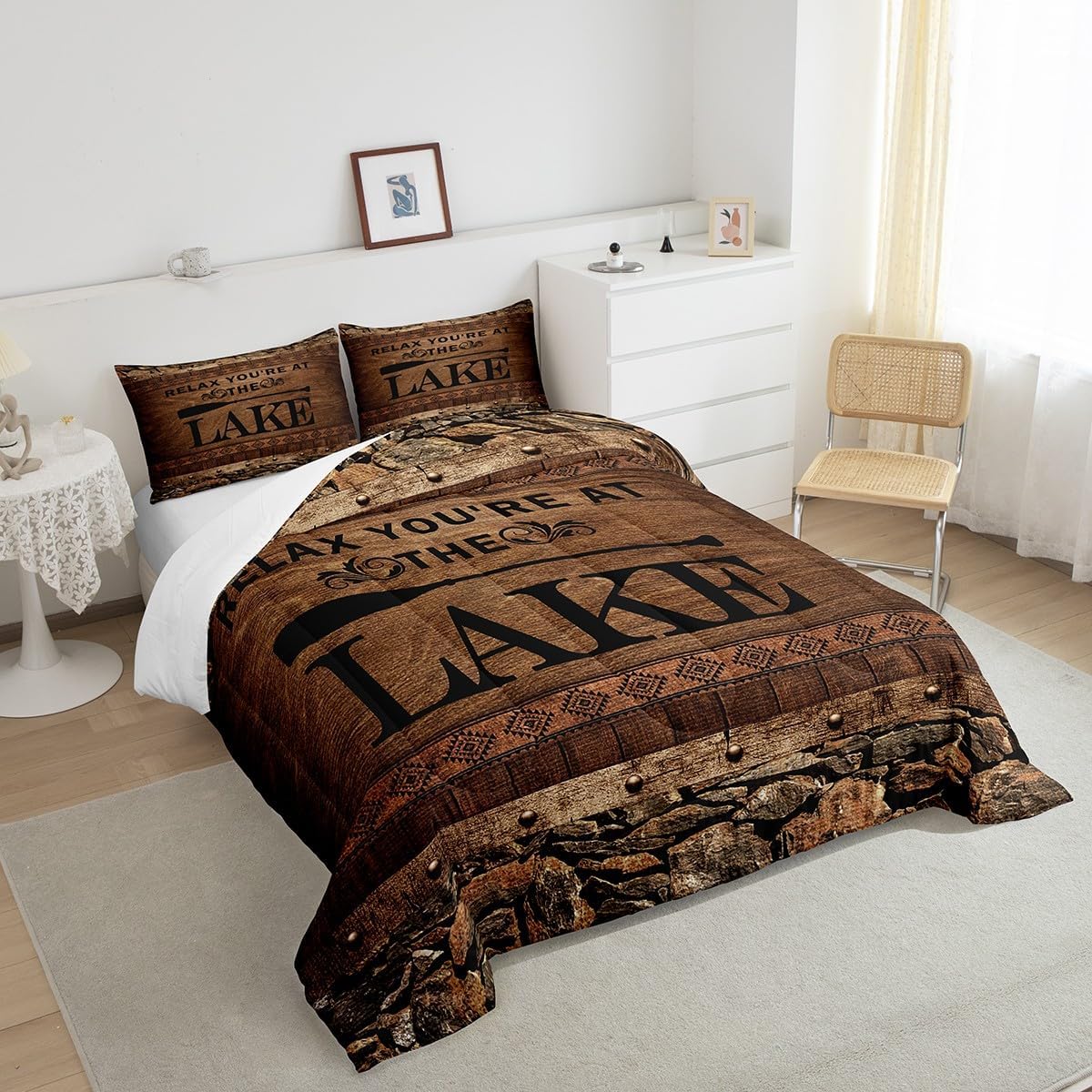 Manfei Lake House Comforter Set Queen Size, Brown Wooden Print Bedding Set for Kids Boys Teens Bedroom Decor, Rustic Farmhouse Down Comforter, Lightweight Duvet Insert,2 Pillowcases