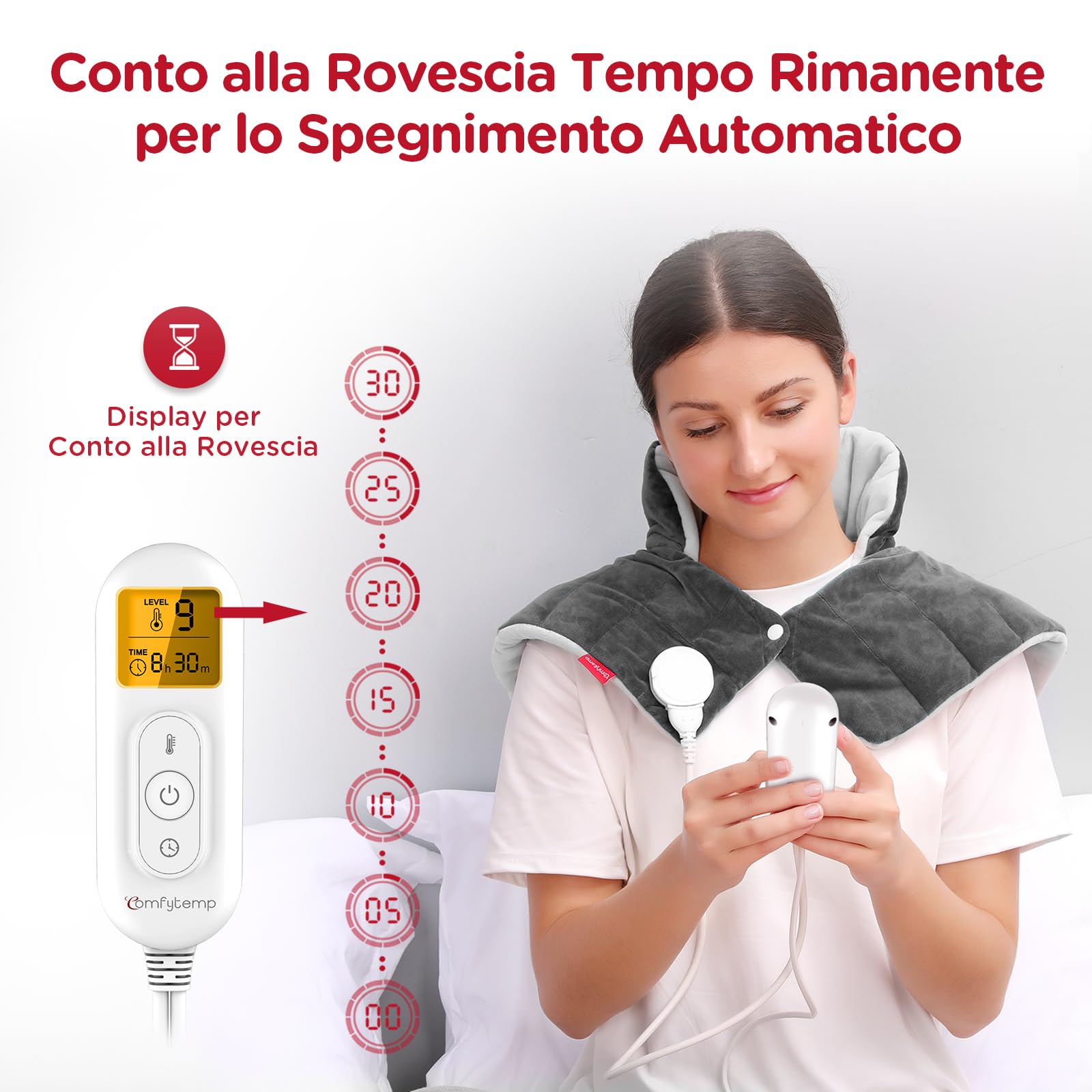 Comfytemp Termoforo per Cervicale e Spalle, 9 Livelli di Calore, Cuscinetto Termico per Alleviare il Dolore alla Spalla e alla Schiena, Spegnimento Automatico, Cuscino Termico, 48×56cm, Grigio