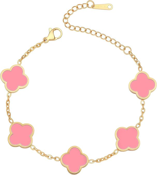 iGenztech (Sturdy Version) 18K Gold Plated Bracelets for Women Men (Double Sided) Four Leaf Clover Cute Trendy Lucky Braclet (Adjustable) Fit Wrist Within 8 Inch, Gold White Black Green Blue Red Pink