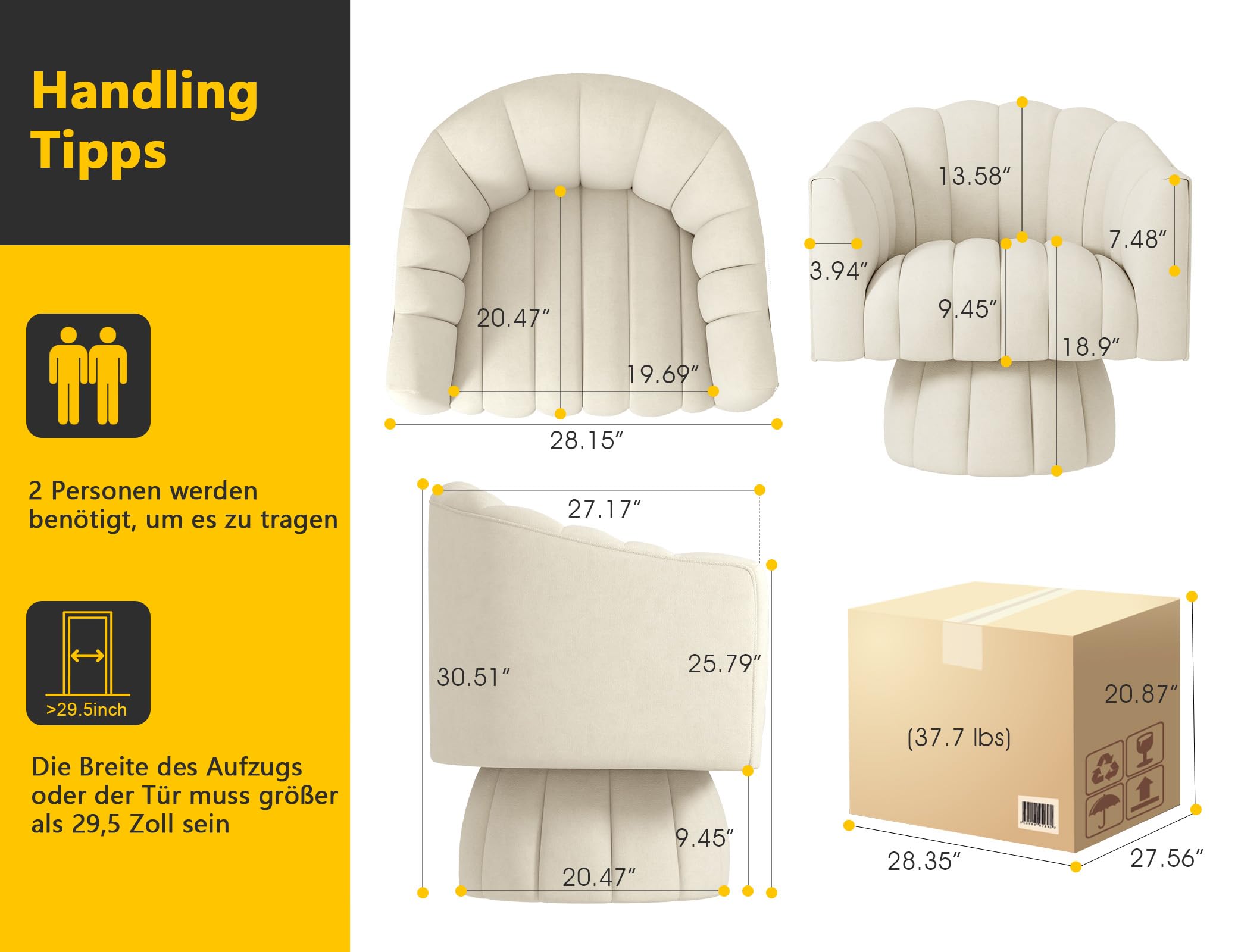 Drehsessel Wohnzimmer Mid Century 360° drehbarer Kuscheltonnen-Akzentsofasessel, runde Sessel mit breit gepolstertem, flauschigem Samtstoffstuhl für Schlafzimmer, Büro(Beige)