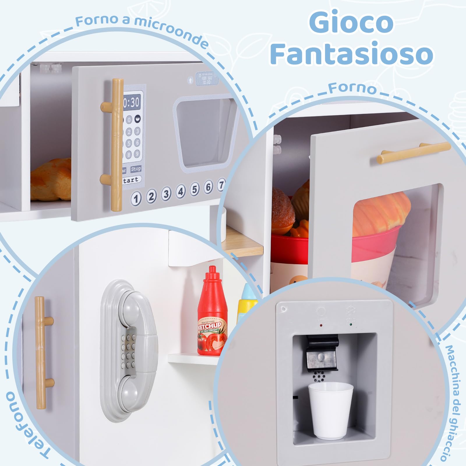 MAMIZO Cucina Bambini Legno, con Pentole e padelle, Telefono, Lavello, Fornelli, Macchina del Ghiaccio, Cucina Giocattolo per Bambini con Luci e Suoni, 79x82x30 cm, Grigio