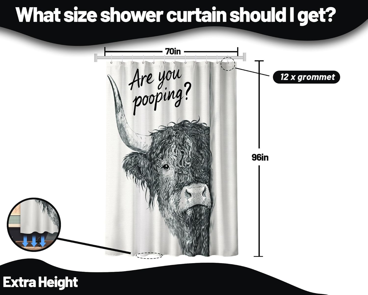 Extra Long Funny Shower Curtain Extra Tall Highland Cow XL Farm Animals Shower Curtains for Large Bathroom Decor Sets, Waterproof Cloth Fabric with Hooks, 70x96 Inch