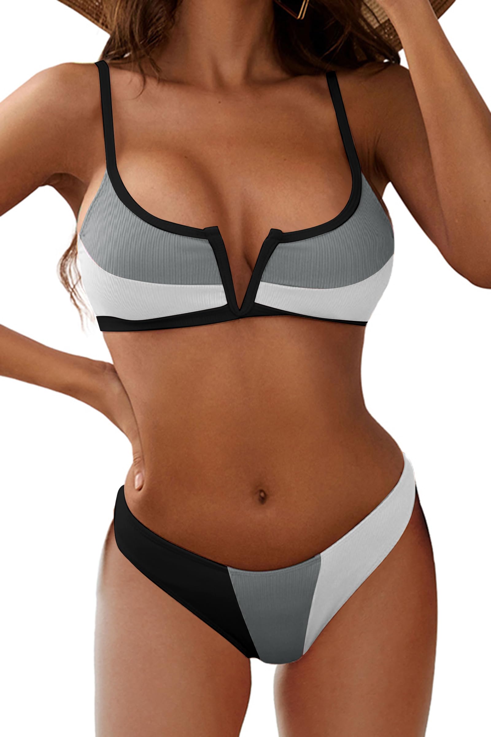 ZAFUL Women's High Cut Bikini Sets Ribbed V-Wire Cami Bikini Two Piece Swimsuit