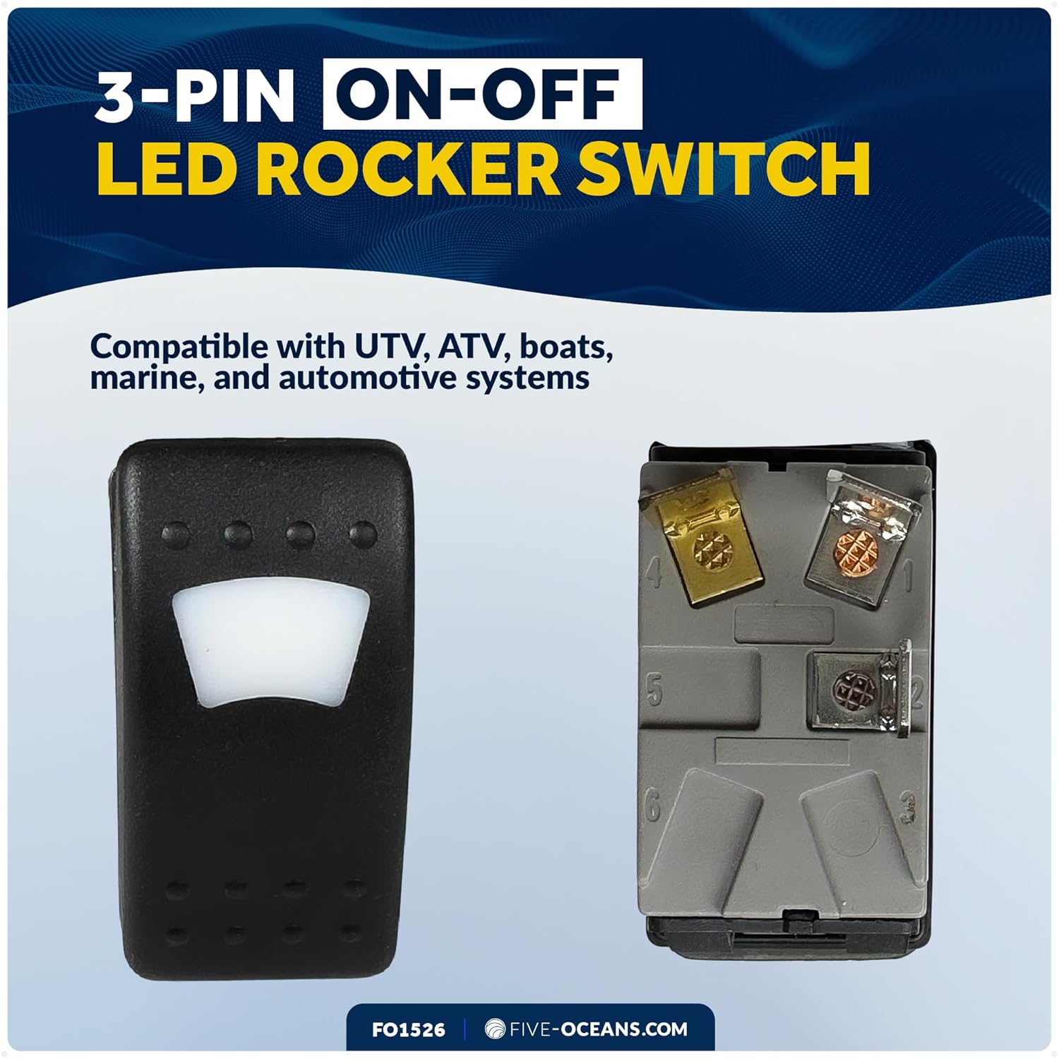 Five Oceans 3-Pin On-Off LED Rocker Switch 25A/12V DC - 15A/24V DC, SPST, IP66 Waterproof, UTV, ATV, Marine, and Boat - FO1526